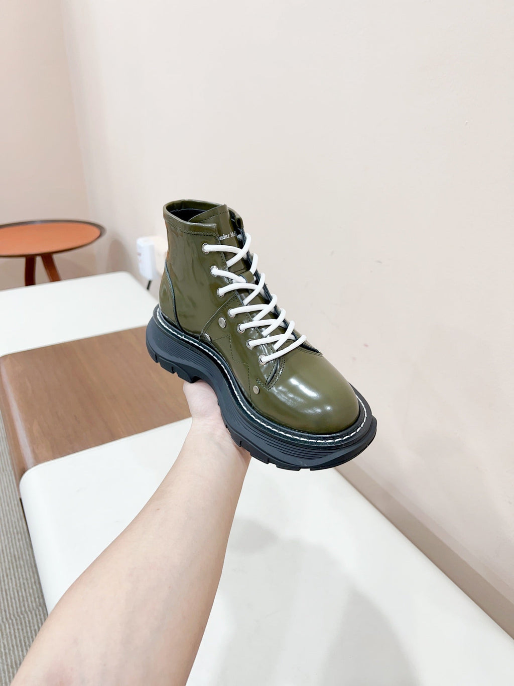 MCQUEEN LEATHER ANKLE BOOT IN OLIVE GREEN LAMBSKIN