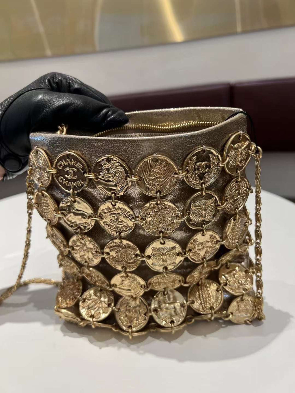 CHANEL 26S PARIS-GREECE MEDALLION CROSSBODY BAG 19 IN GOLD METALLIC LAMBSKIN GOLD HARDWARE