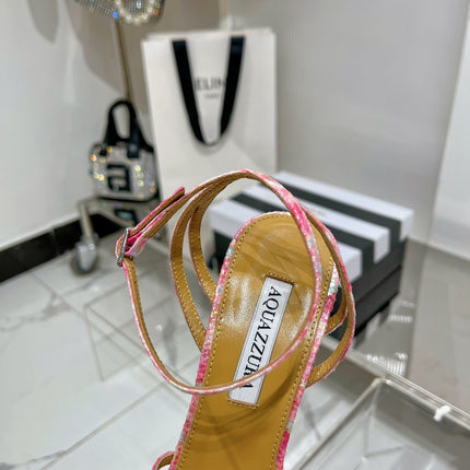 AQUAZZURA 26S HEELED SANDALS 130 MM IN MULTICOLOR PINK SNAKE-EMBOSSED LEATHER