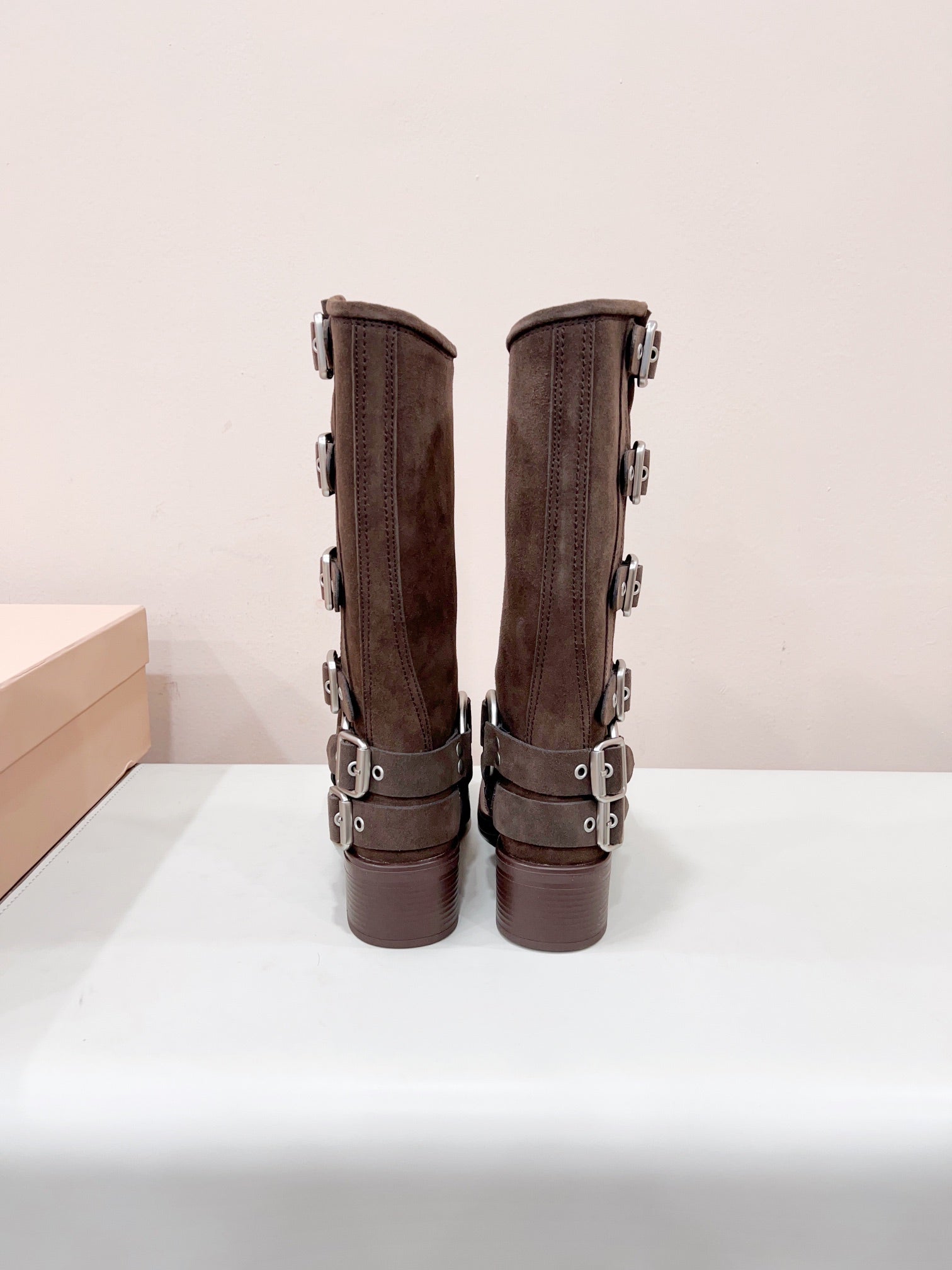 MIUMIU BUCKLED BOOTS IN DARK BROWN SUEDE