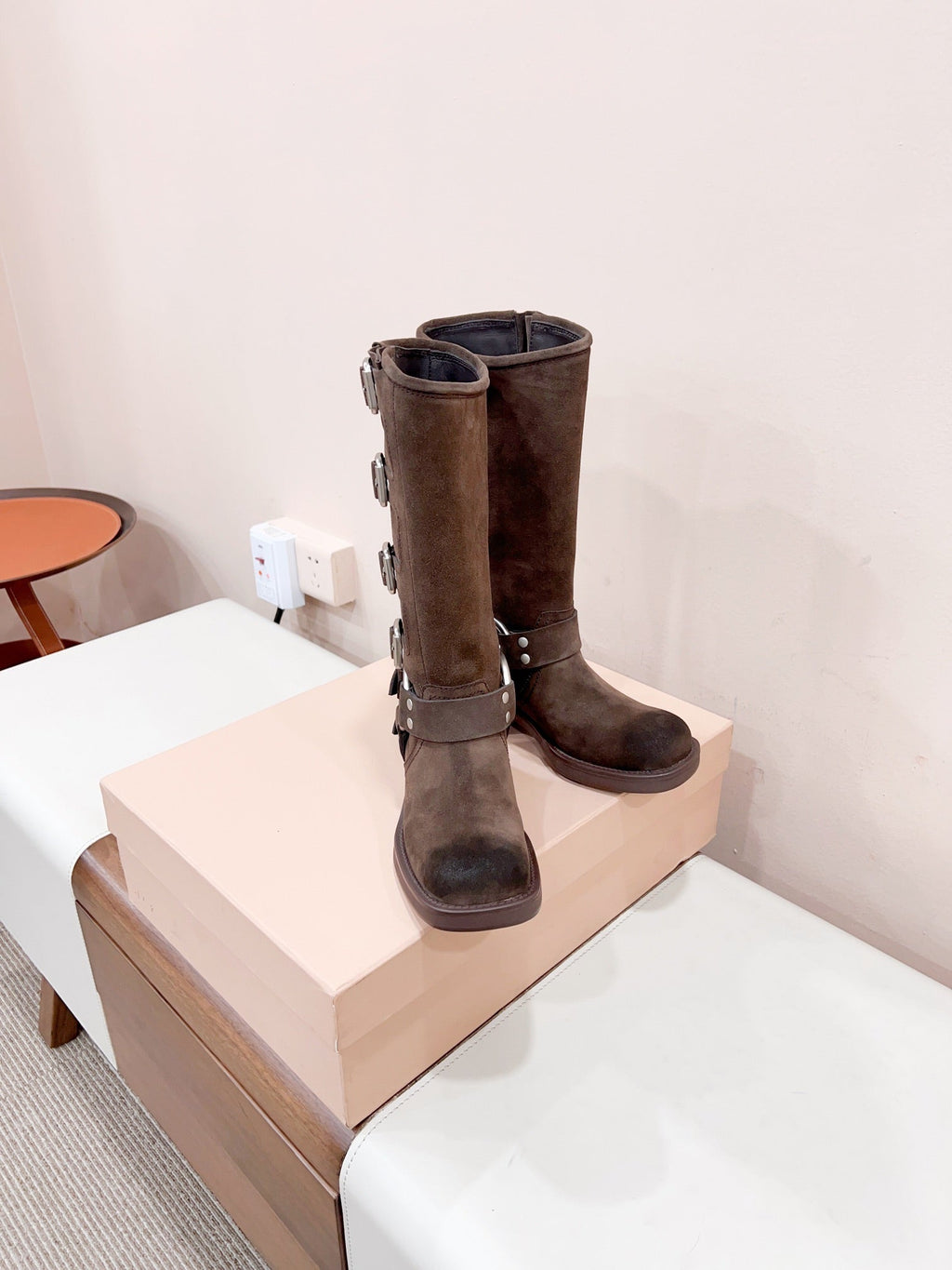 MIUMIU BUCKLED BOOTS IN DARK BROWN SUEDE