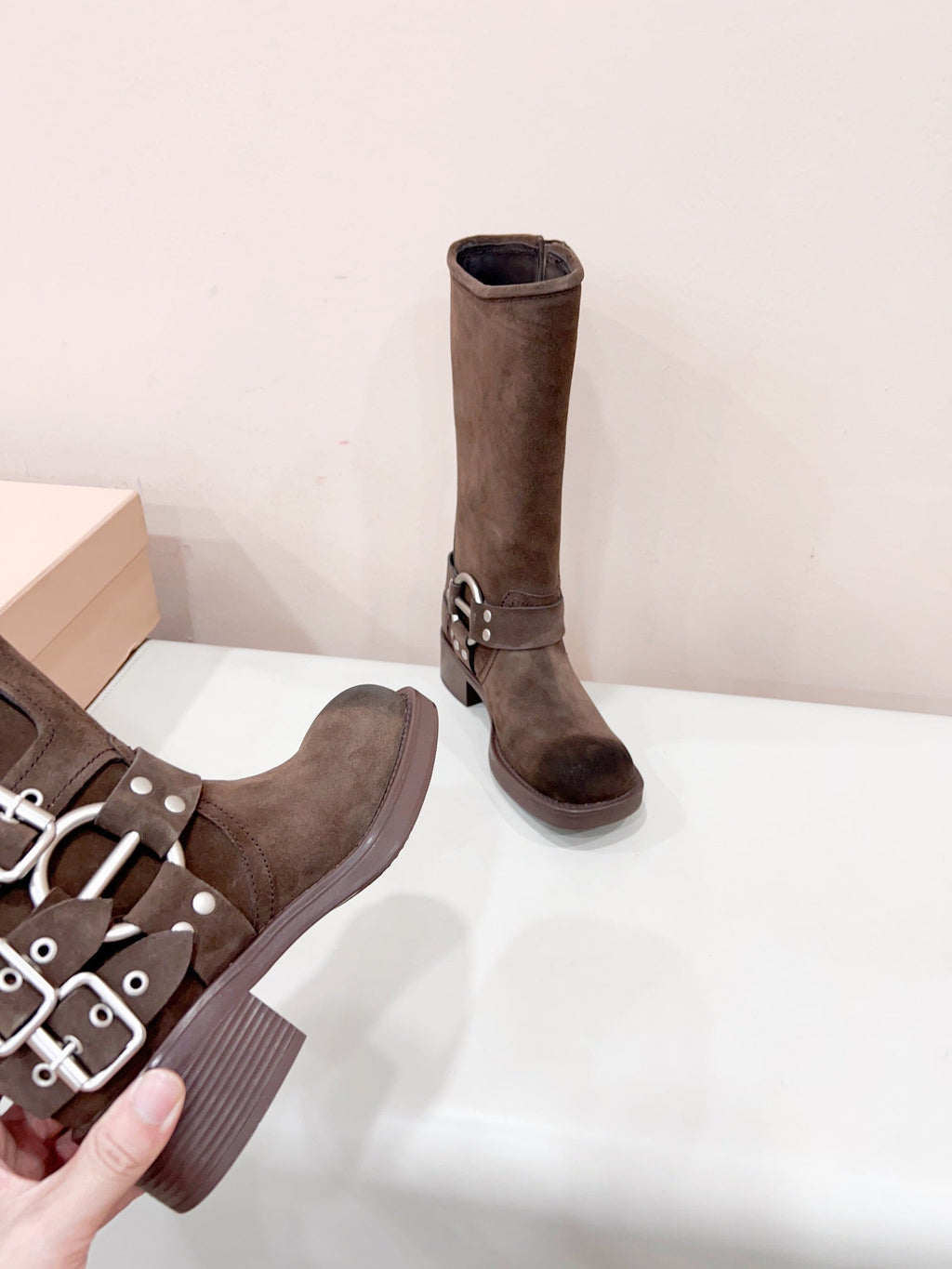 MIUMIU BUCKLED BOOTS IN DARK BROWN SUEDE
