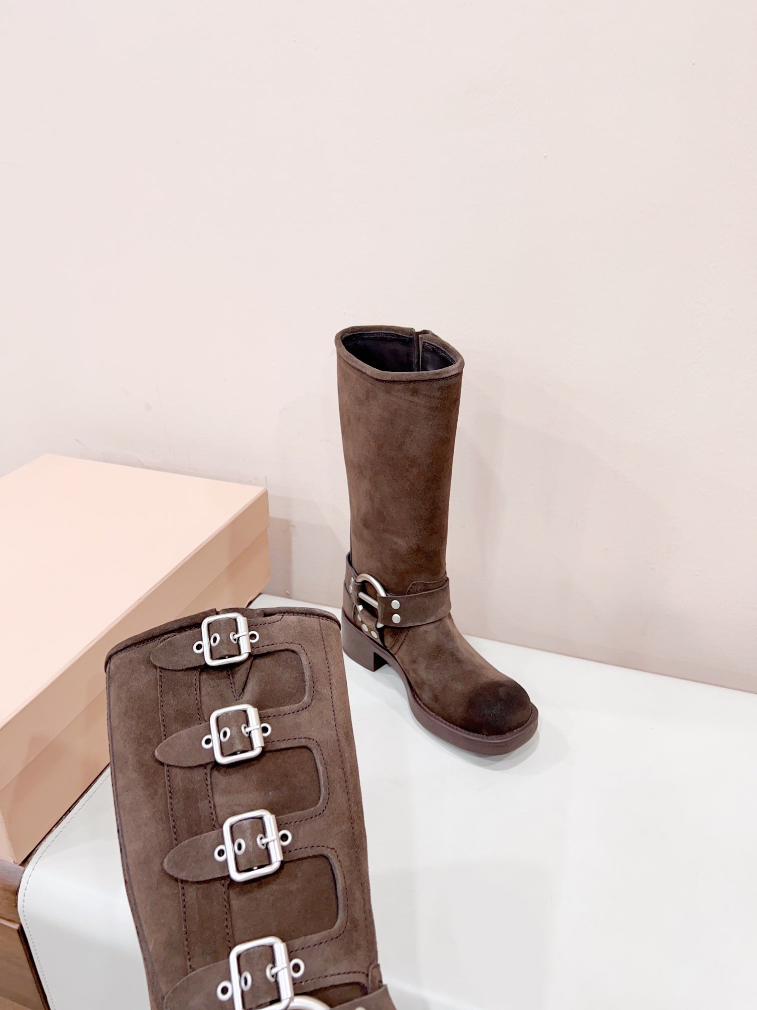 MIUMIU BUCKLED BOOTS IN DARK BROWN SUEDE