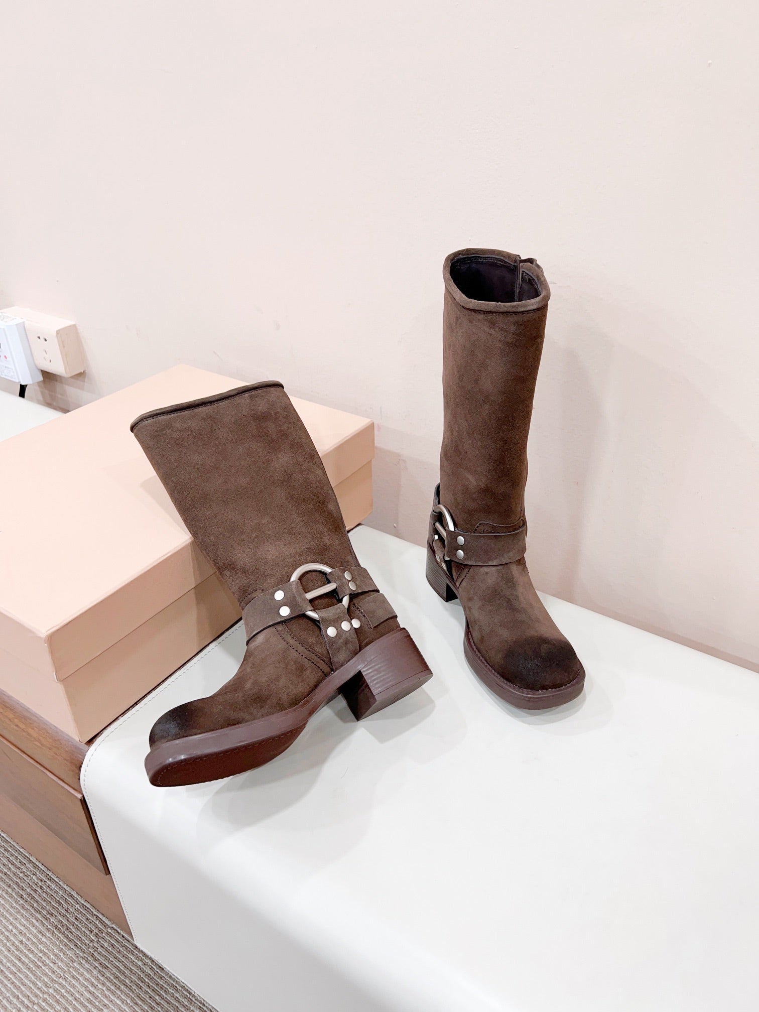 MIUMIU BUCKLED BOOTS IN DARK BROWN SUEDE