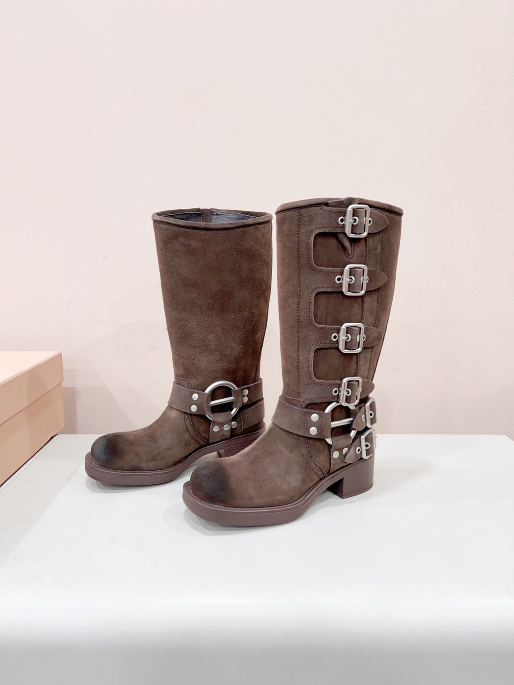 MIUMIU BUCKLED BOOTS IN DARK BROWN SUEDE