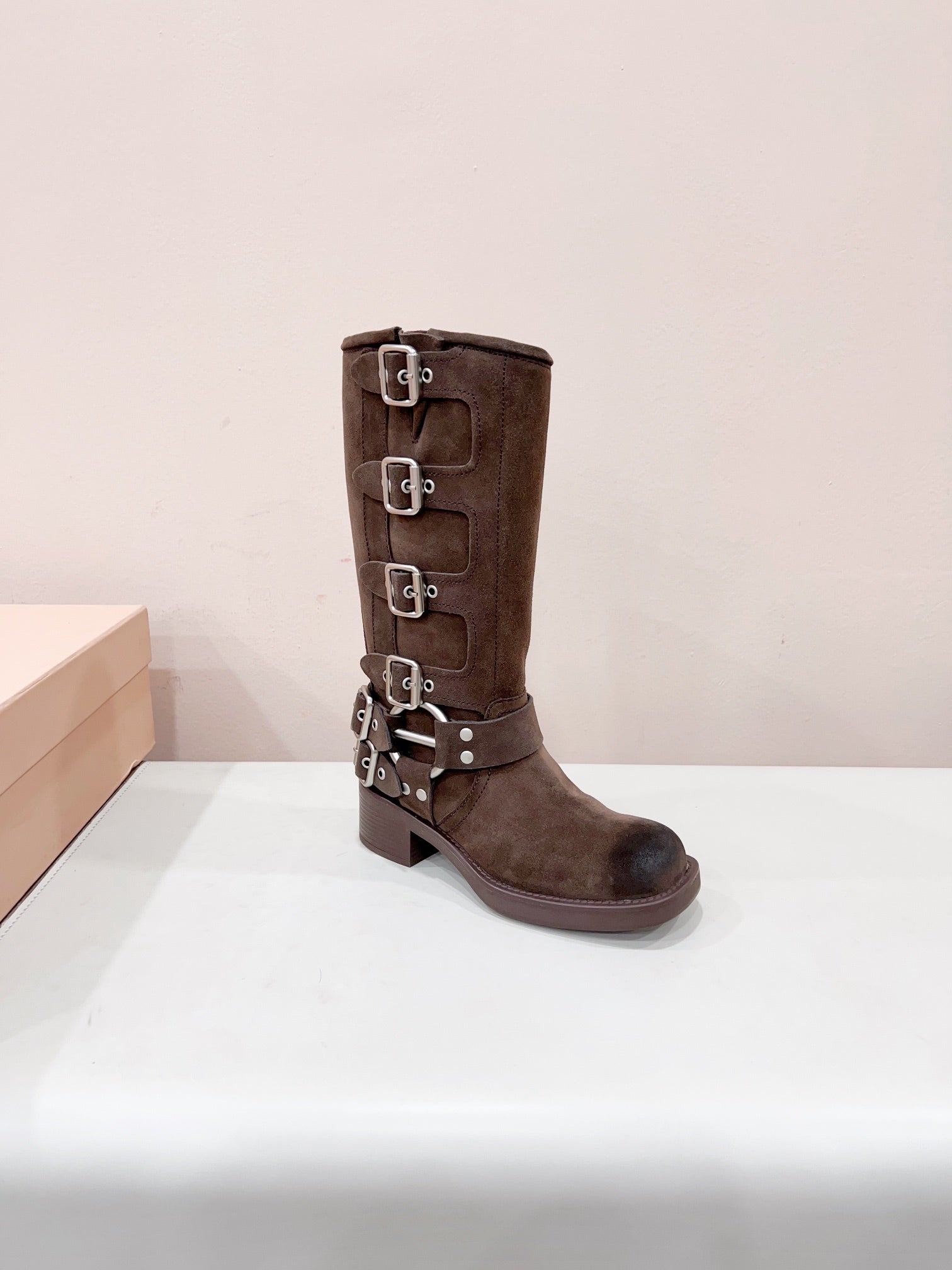 MIUMIU BUCKLED BOOTS IN DARK BROWN SUEDE