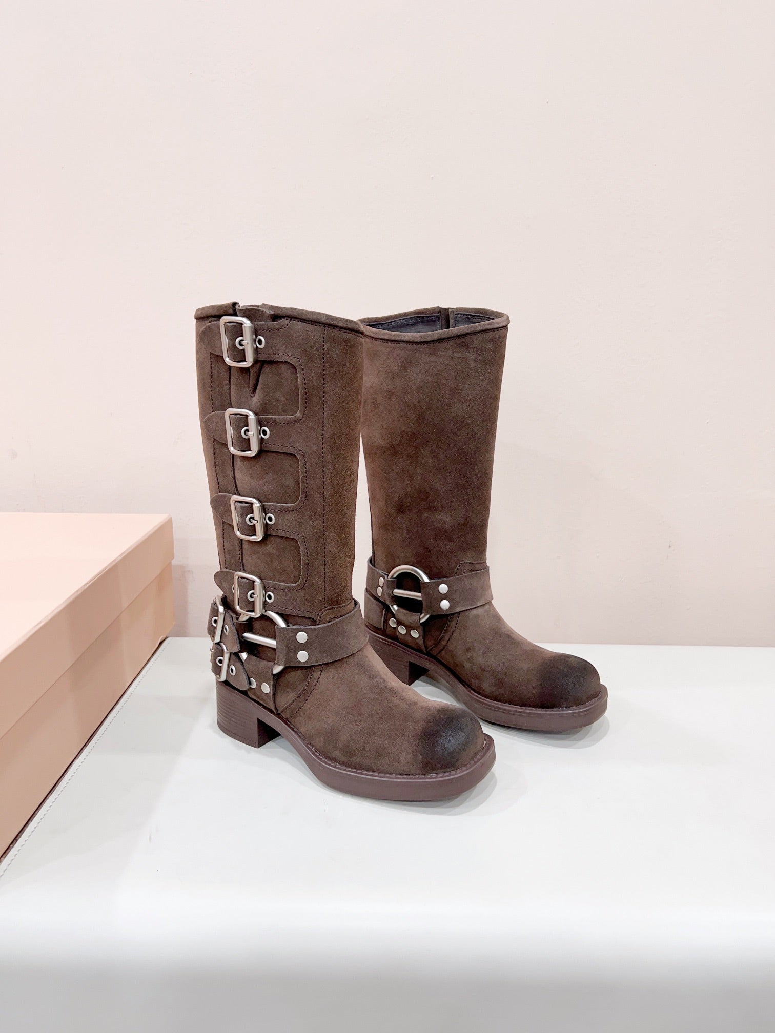 MIUMIU BUCKLED BOOTS IN DARK BROWN SUEDE