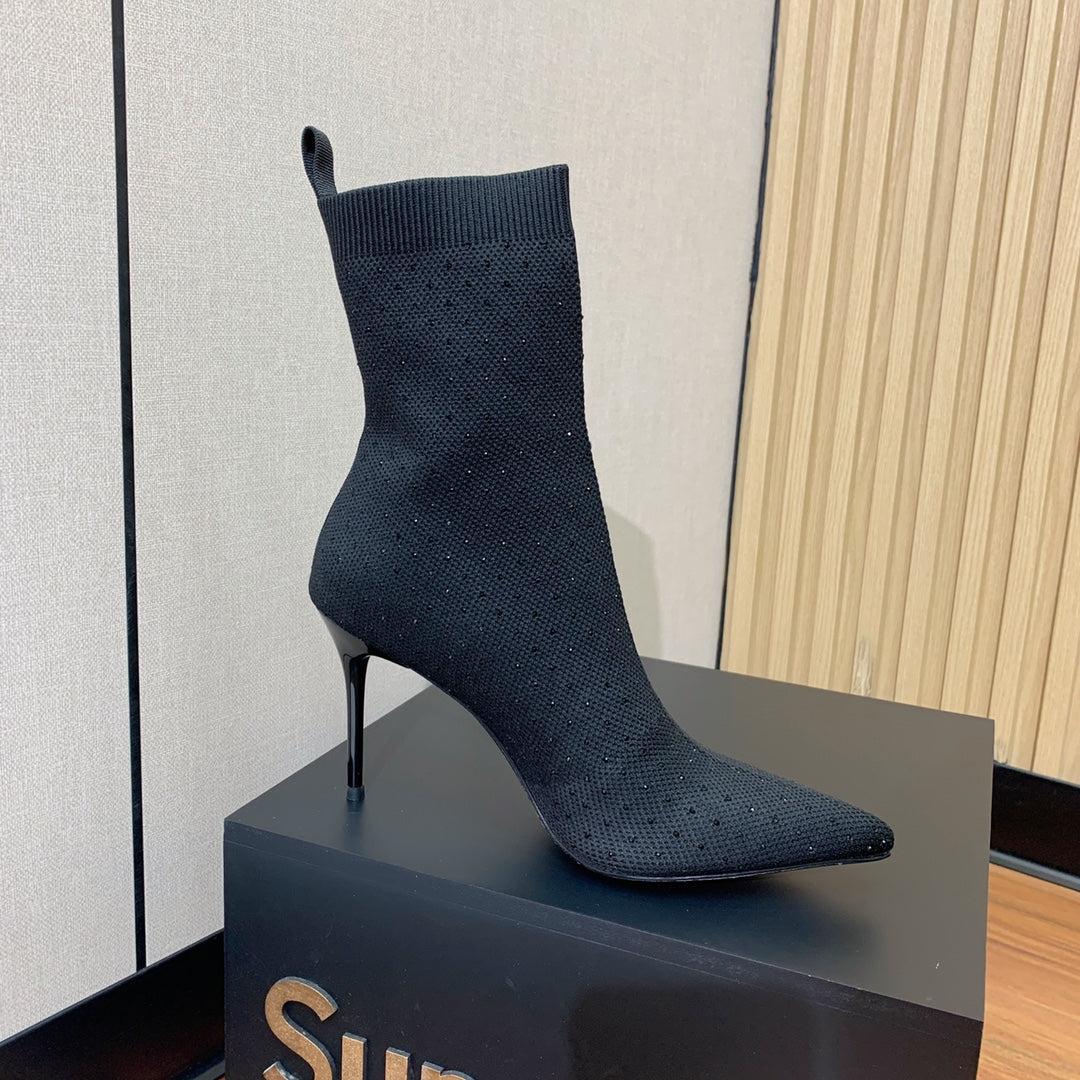 BALMAIN 26S BOOTS 105 MM IN BLACK FLYKNIT STONE EMBELLISHED STYLE 22
