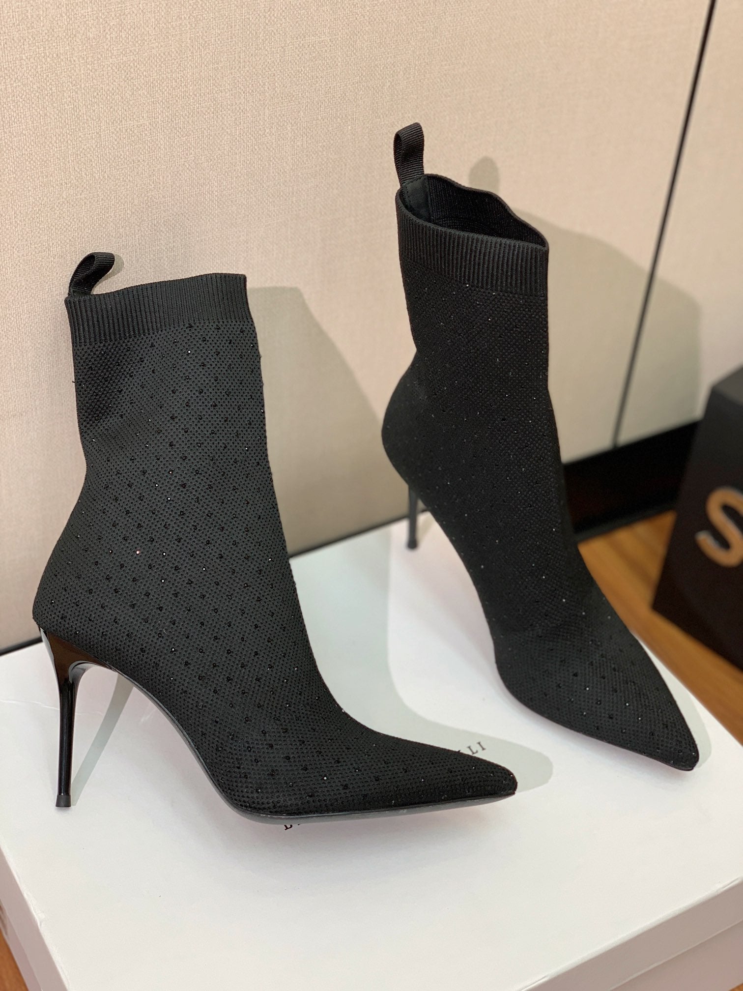 BALMAIN 26S BOOTS 105 MM IN BLACK FLYKNIT STONE EMBELLISHED STYLE 22