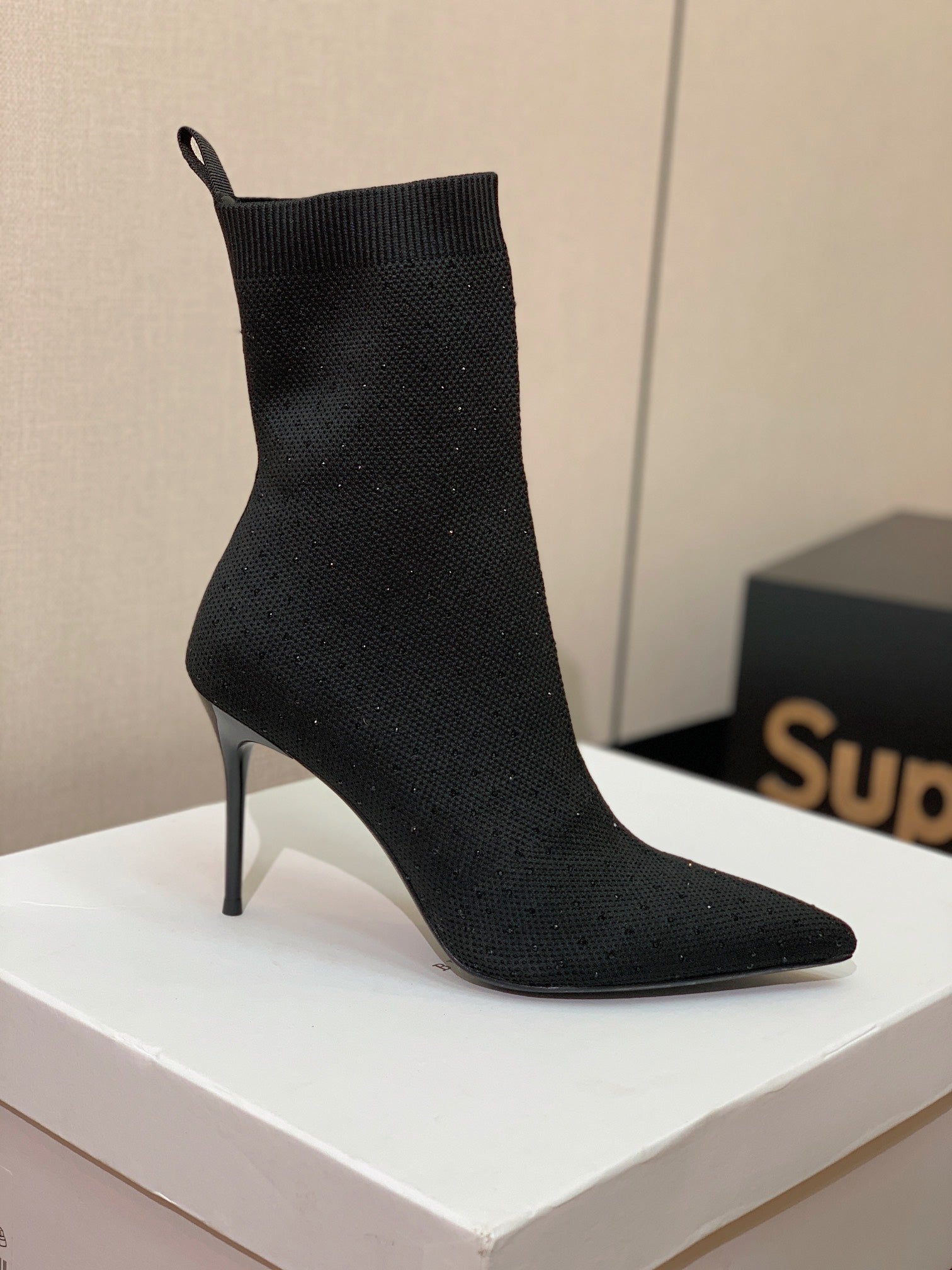 BALMAIN 26S BOOTS 105 MM IN BLACK FLYKNIT STONE EMBELLISHED STYLE 22