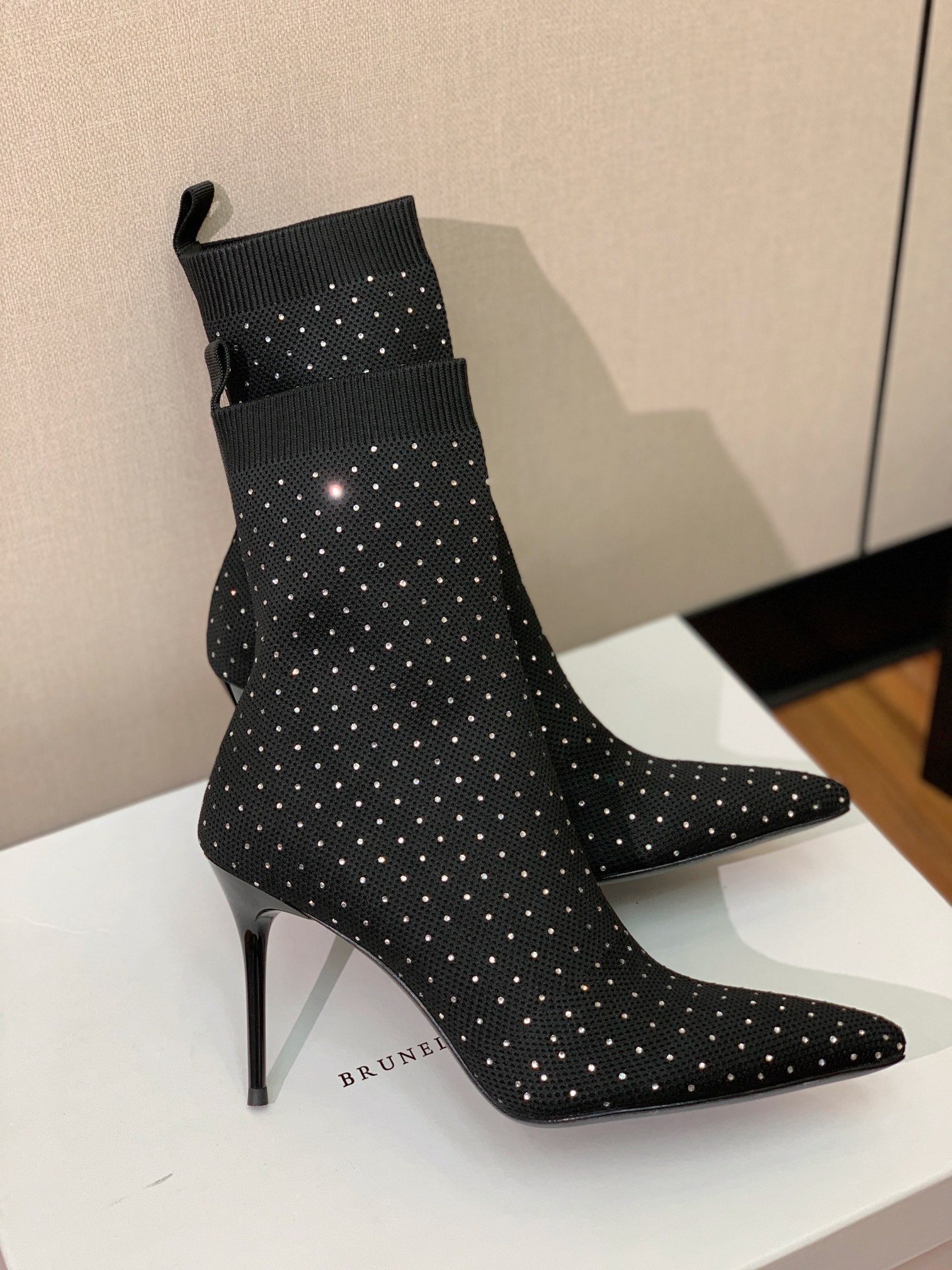 BALMAIN 26S BOOTS 105 MM IN BLACK FLYKNIT STONE EMBELLISHED STYLE 21