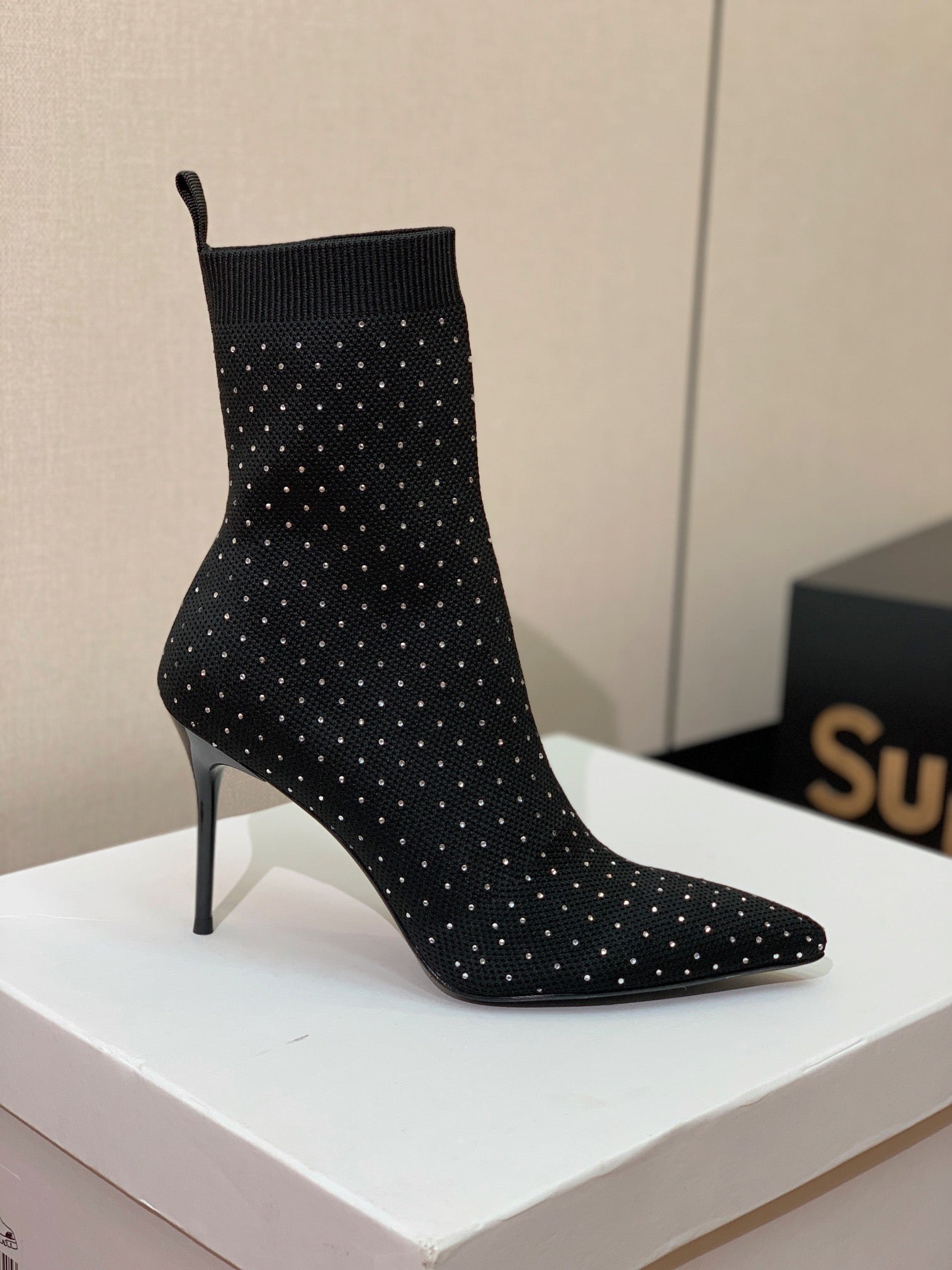 BALMAIN 26S BOOTS 105 MM IN BLACK FLYKNIT STONE EMBELLISHED STYLE 21