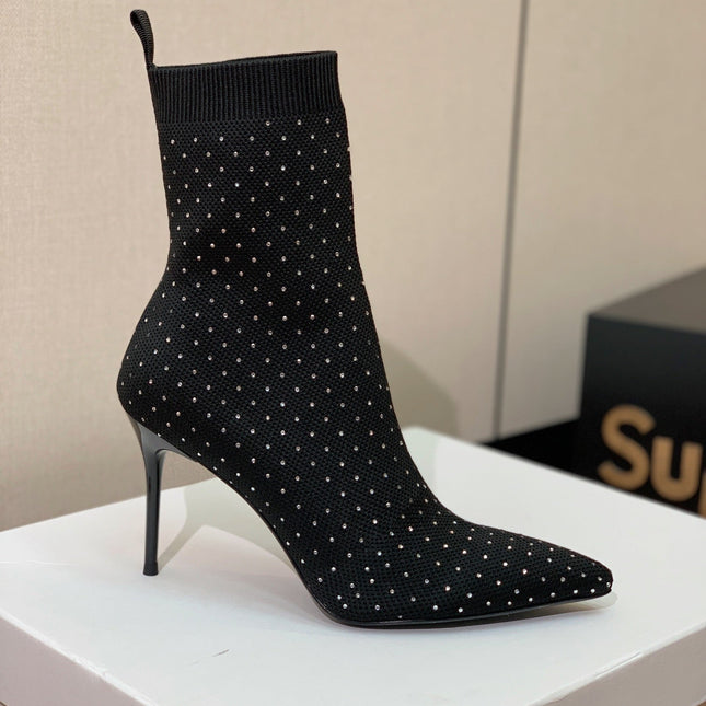 BALMAIN 26S BOOTS 105 MM IN BLACK FLYKNIT STONE EMBELLISHED STYLE 21