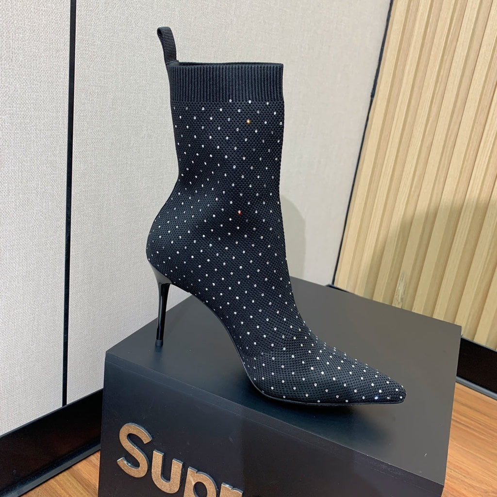 BALMAIN 26S BOOTS 105 MM IN BLACK FLYKNIT STONE EMBELLISHED STYLE 21