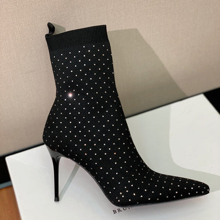 BALMAIN 26S BOOTS 105 MM IN BLACK FLYKNIT STONE EMBELLISHED STYLE 21