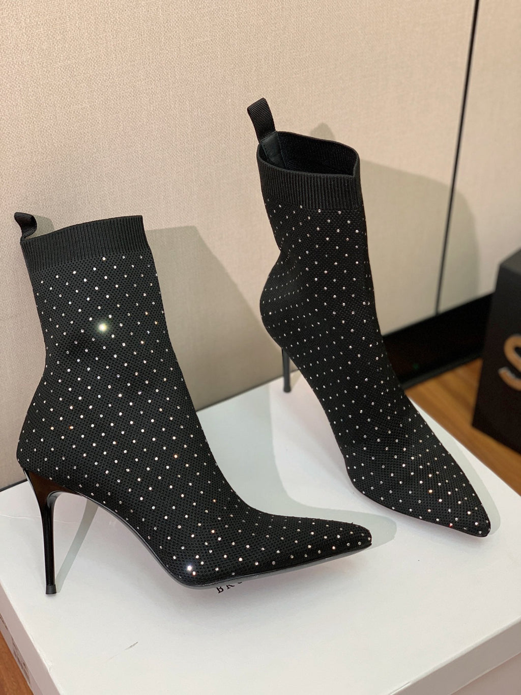BALMAIN 26S BOOTS 105 MM IN BLACK FLYKNIT STONE EMBELLISHED STYLE 21