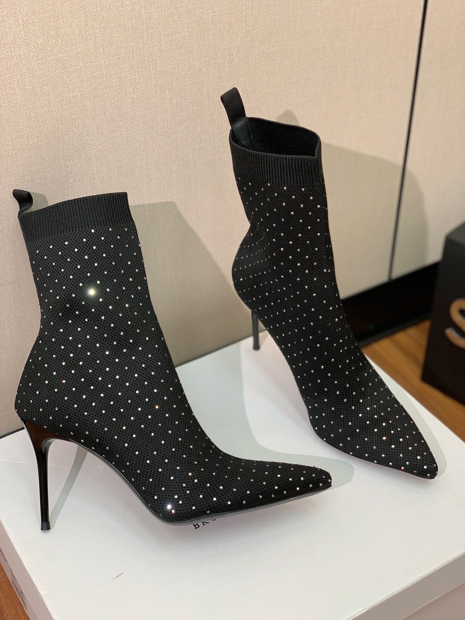 BALMAIN 26S BOOTS 105 MM IN BLACK FLYKNIT STONE EMBELLISHED STYLE 21