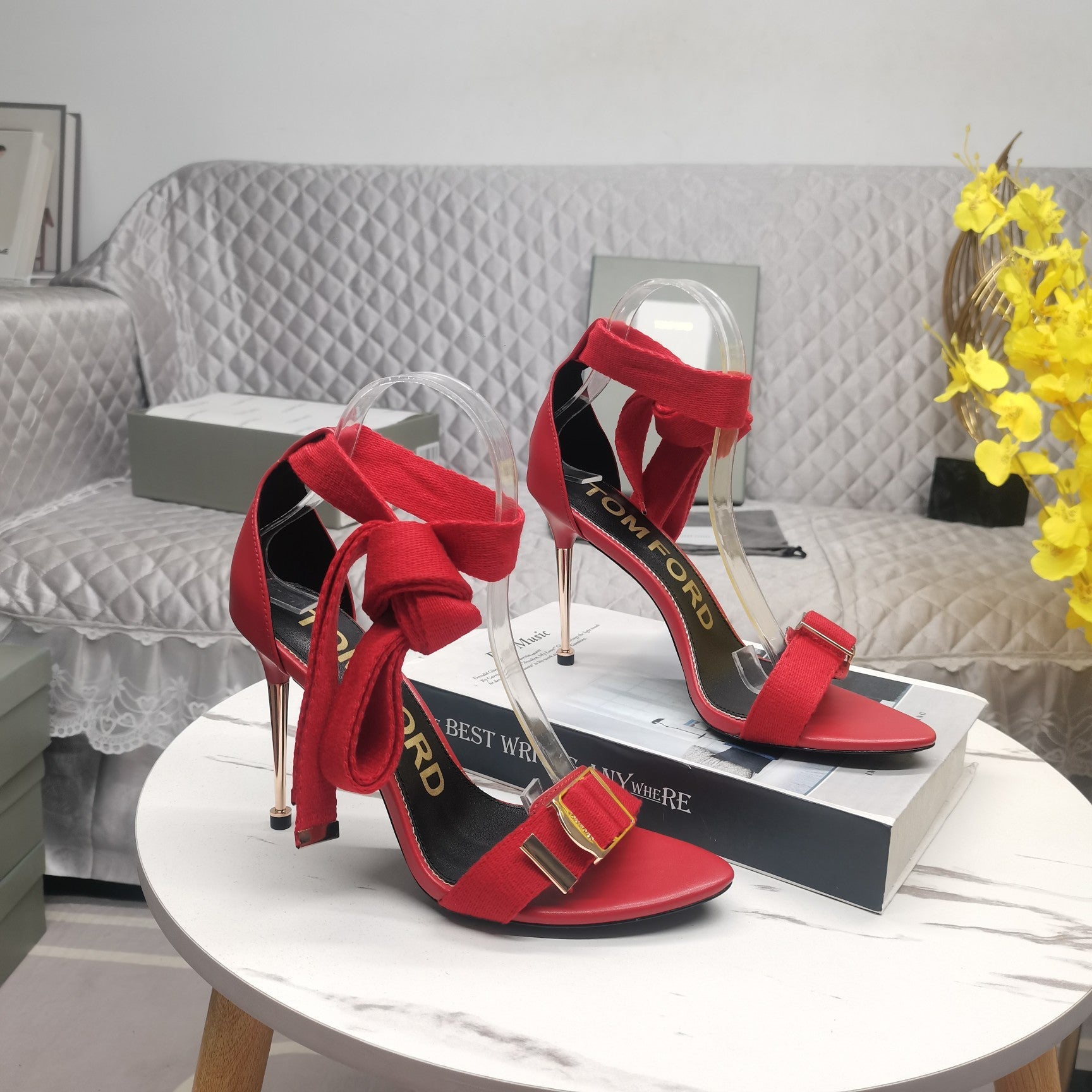 HIGH HEEL 10 CM IN CHERRY RED FABRIC AND LAMBSKIN