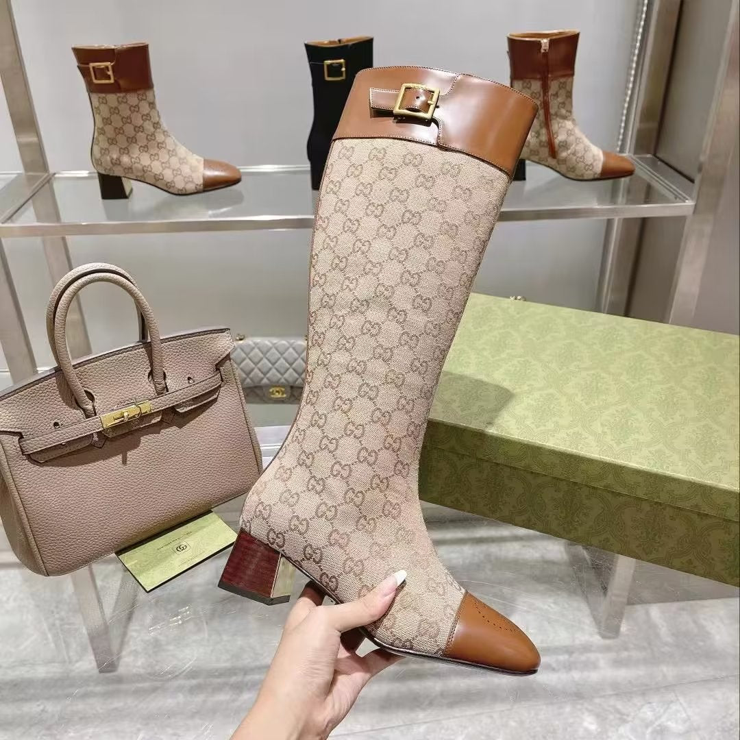 GG KNEE HIGH BOOTS IN BEIGE MIX BROWN CANVAS