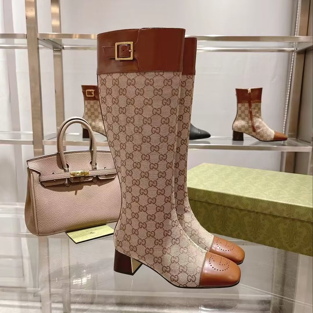 GG KNEE HIGH BOOTS IN BEIGE MIX BROWN CANVAS
