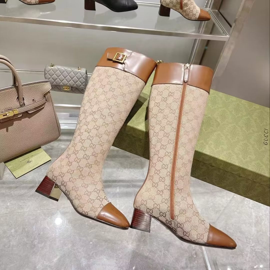 GG KNEE HIGH BOOTS IN BEIGE MIX BROWN CANVAS