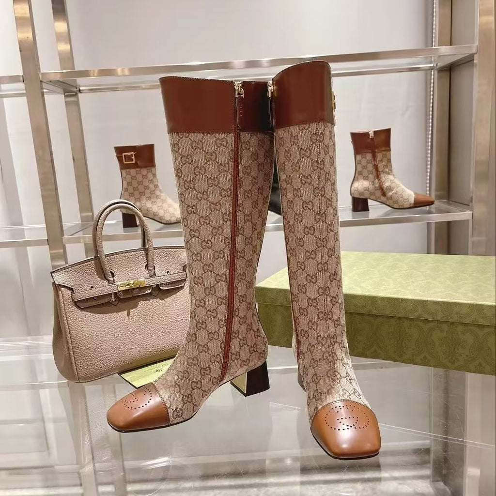 GG KNEE HIGH BOOTS IN BEIGE MIX BROWN CANVAS