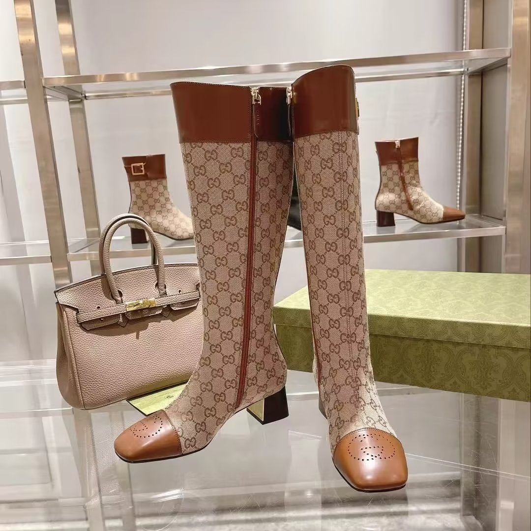GG KNEE HIGH BOOTS IN BEIGE MIX BROWN CANVAS