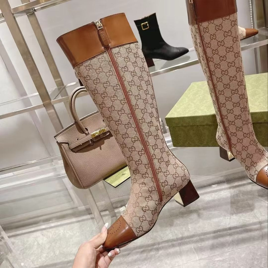 GG KNEE HIGH BOOTS IN BEIGE MIX BROWN CANVAS