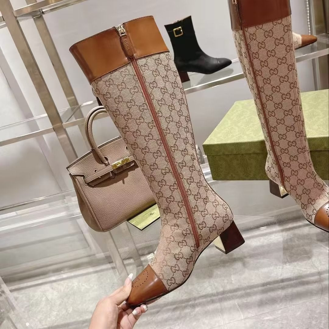 GG KNEE HIGH BOOTS IN BEIGE MIX BROWN CANVAS
