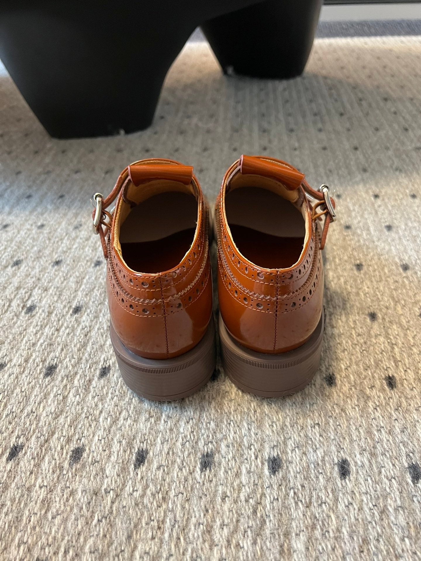 MIUMIU 26S CHURCH BROGUE MONK STRAP SHOES IN RUST ORANGE PATENT CALFSKIN