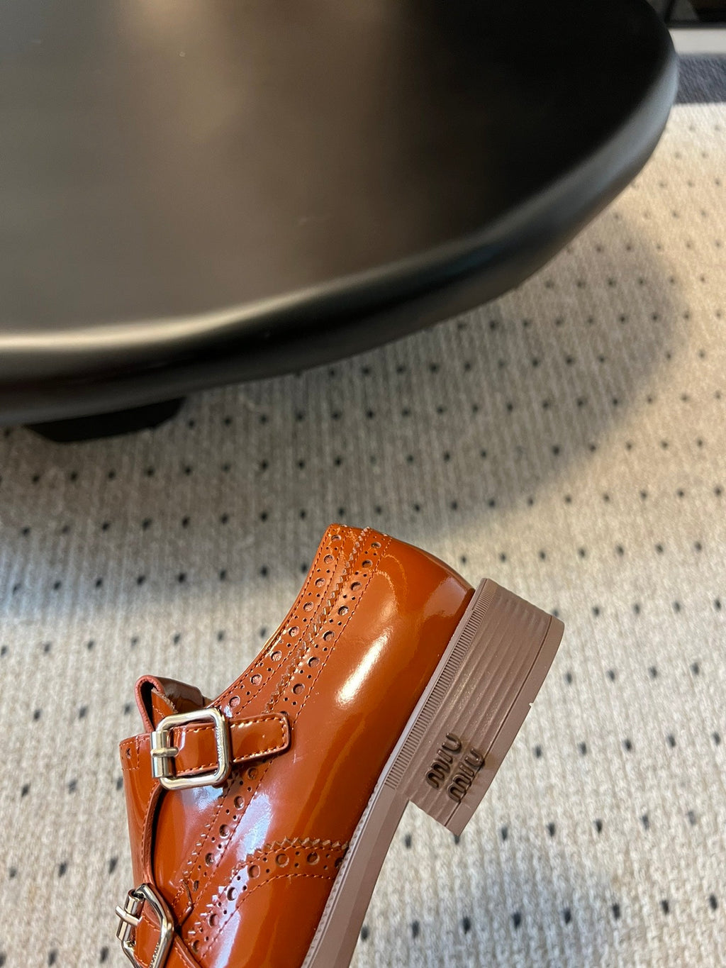 MIUMIU 26S CHURCH BROGUE MONK STRAP SHOES IN RUST ORANGE PATENT CALFSKIN