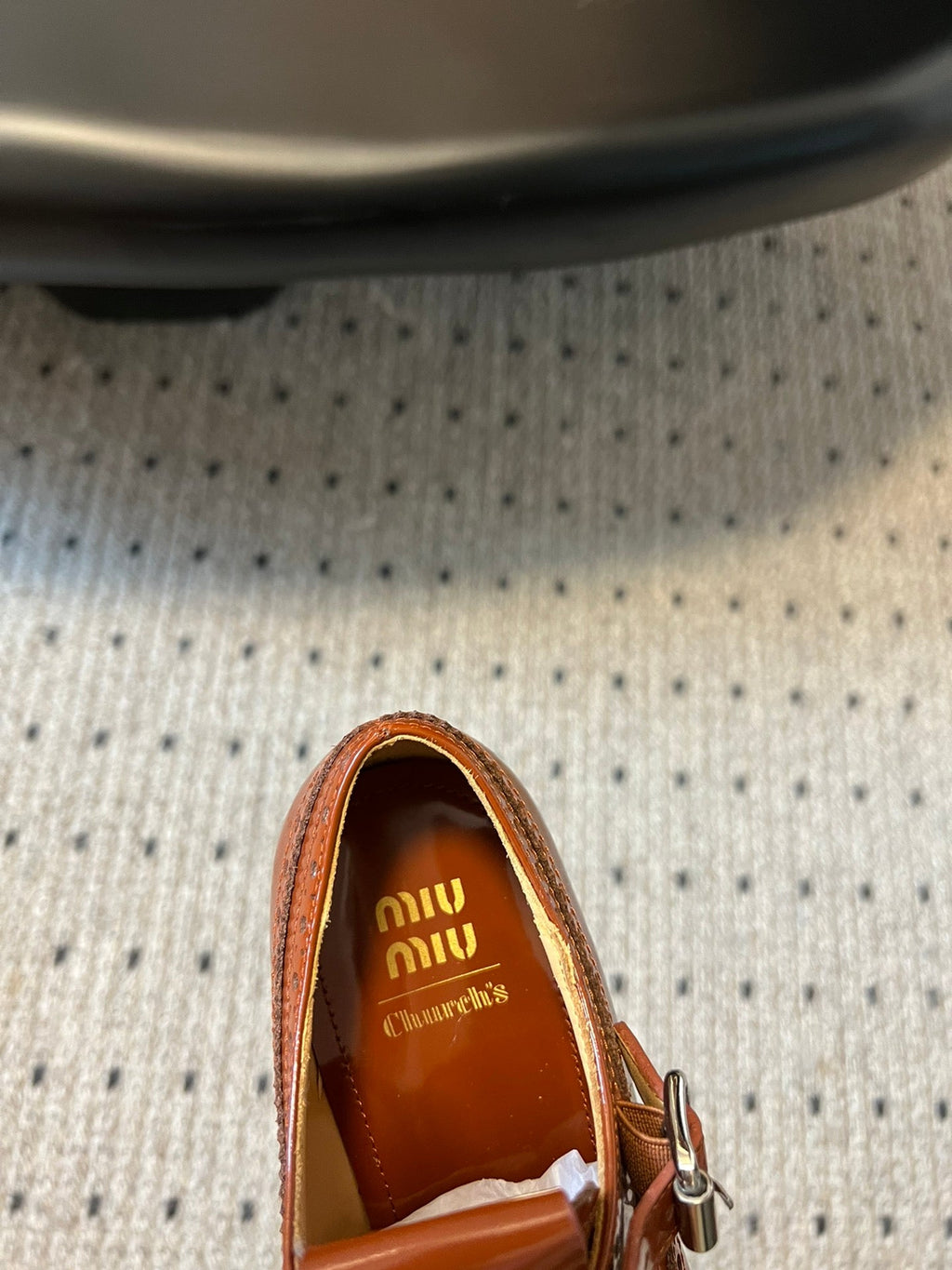 MIUMIU 26S CHURCH BROGUE MONK STRAP SHOES IN RUST ORANGE PATENT CALFSKIN