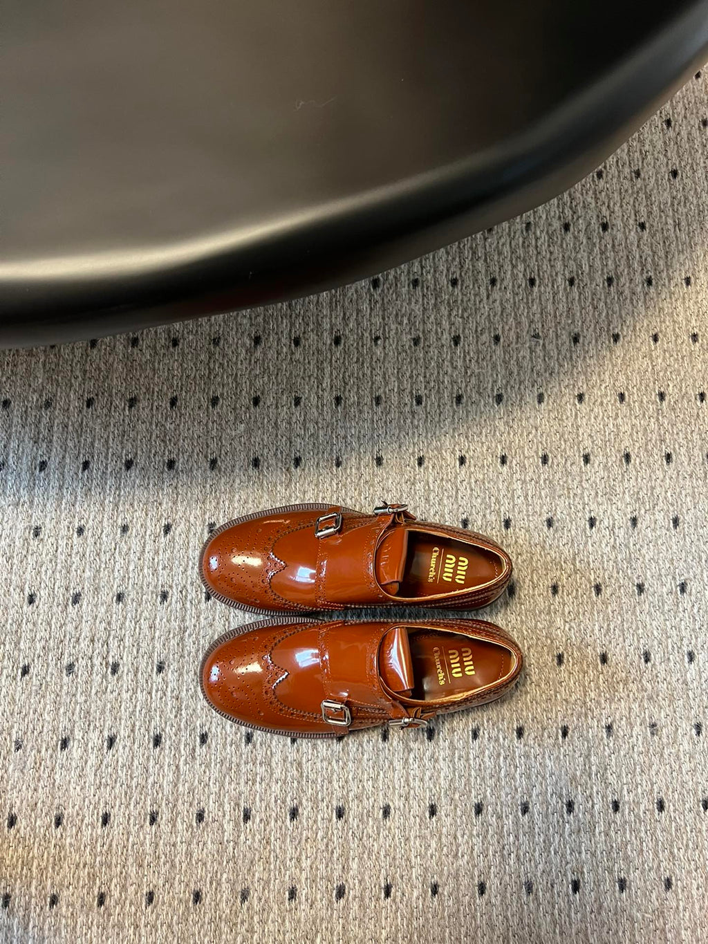 MIUMIU 26S CHURCH BROGUE MONK STRAP SHOES IN RUST ORANGE PATENT CALFSKIN
