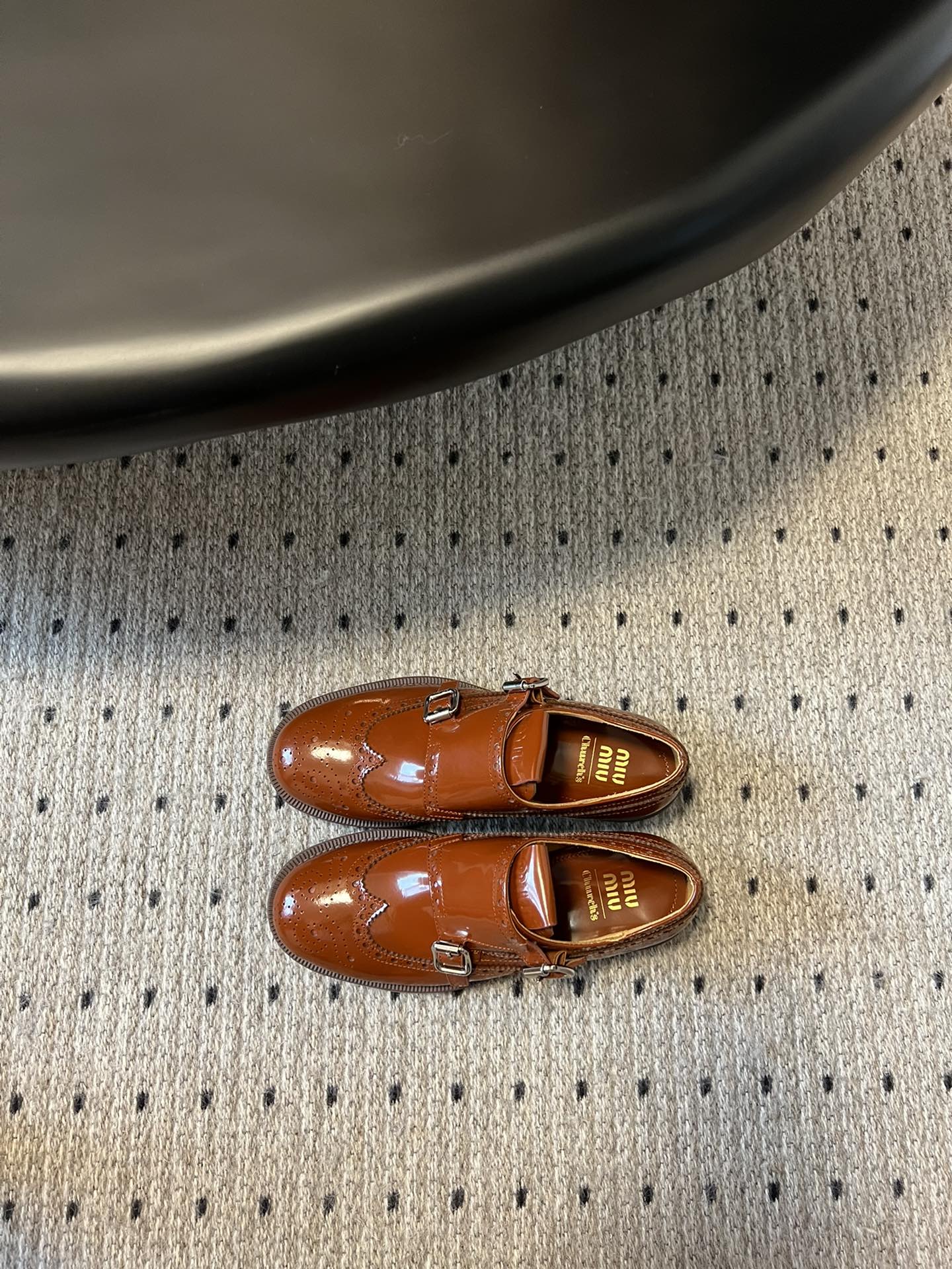 MIUMIU 26S CHURCH BROGUE MONK STRAP SHOES IN RUST ORANGE PATENT CALFSKIN