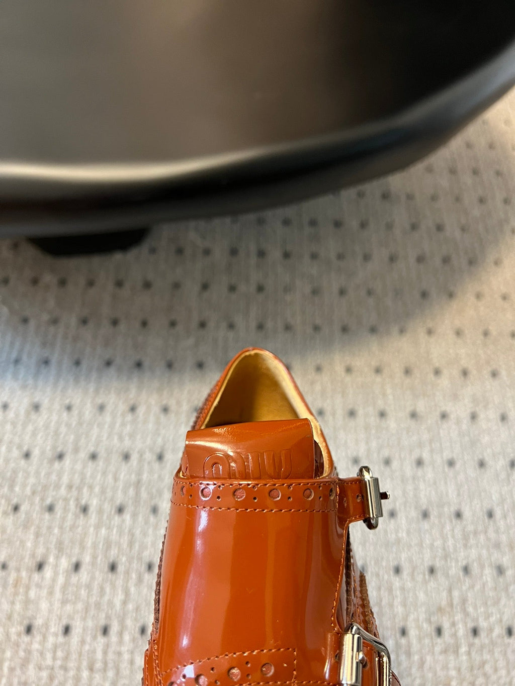 MIUMIU 26S CHURCH BROGUE MONK STRAP SHOES IN RUST ORANGE PATENT CALFSKIN