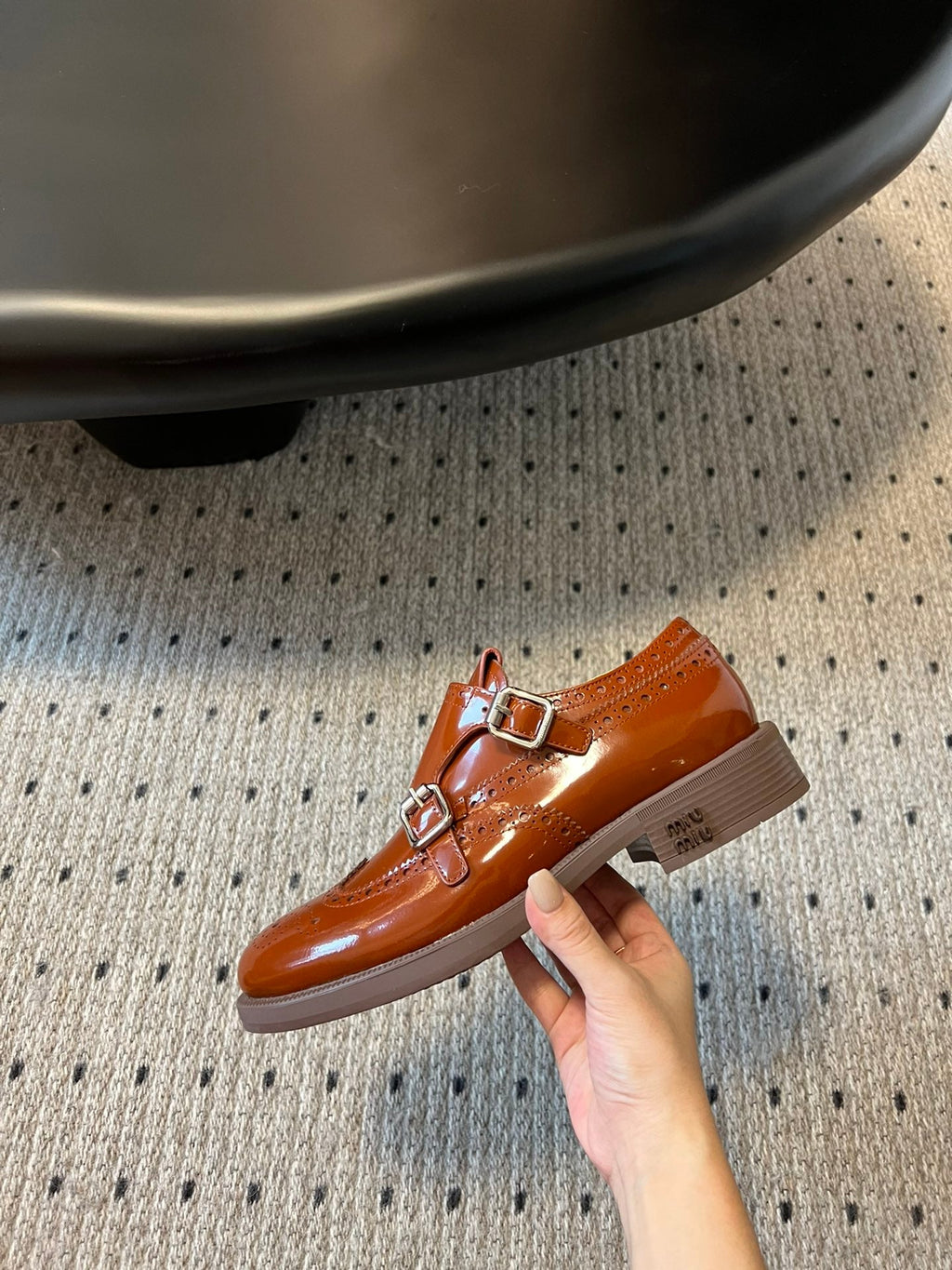 MIUMIU 26S CHURCH BROGUE MONK STRAP SHOES IN RUST ORANGE PATENT CALFSKIN