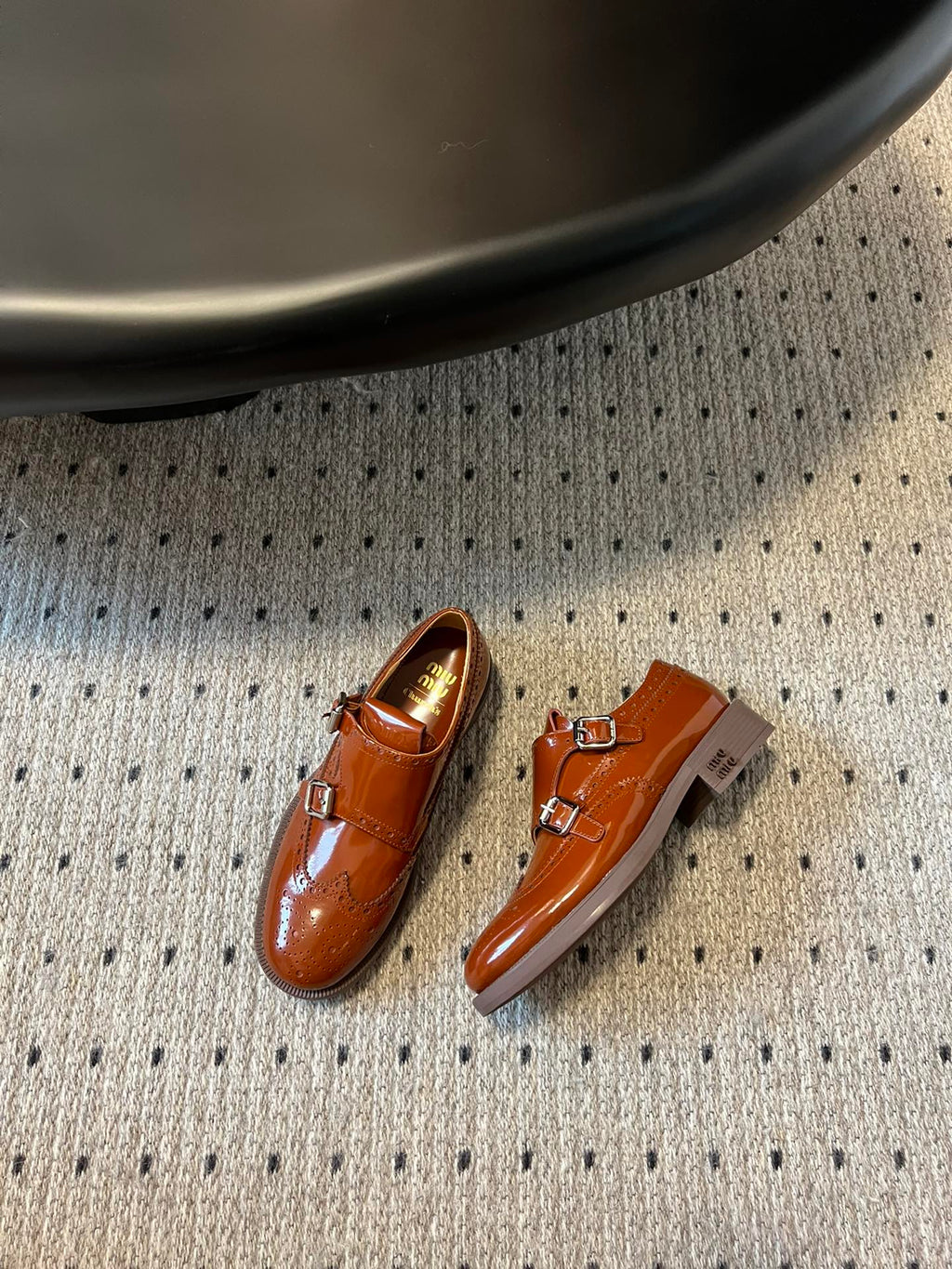 MIUMIU 26S CHURCH BROGUE MONK STRAP SHOES IN RUST ORANGE PATENT CALFSKIN