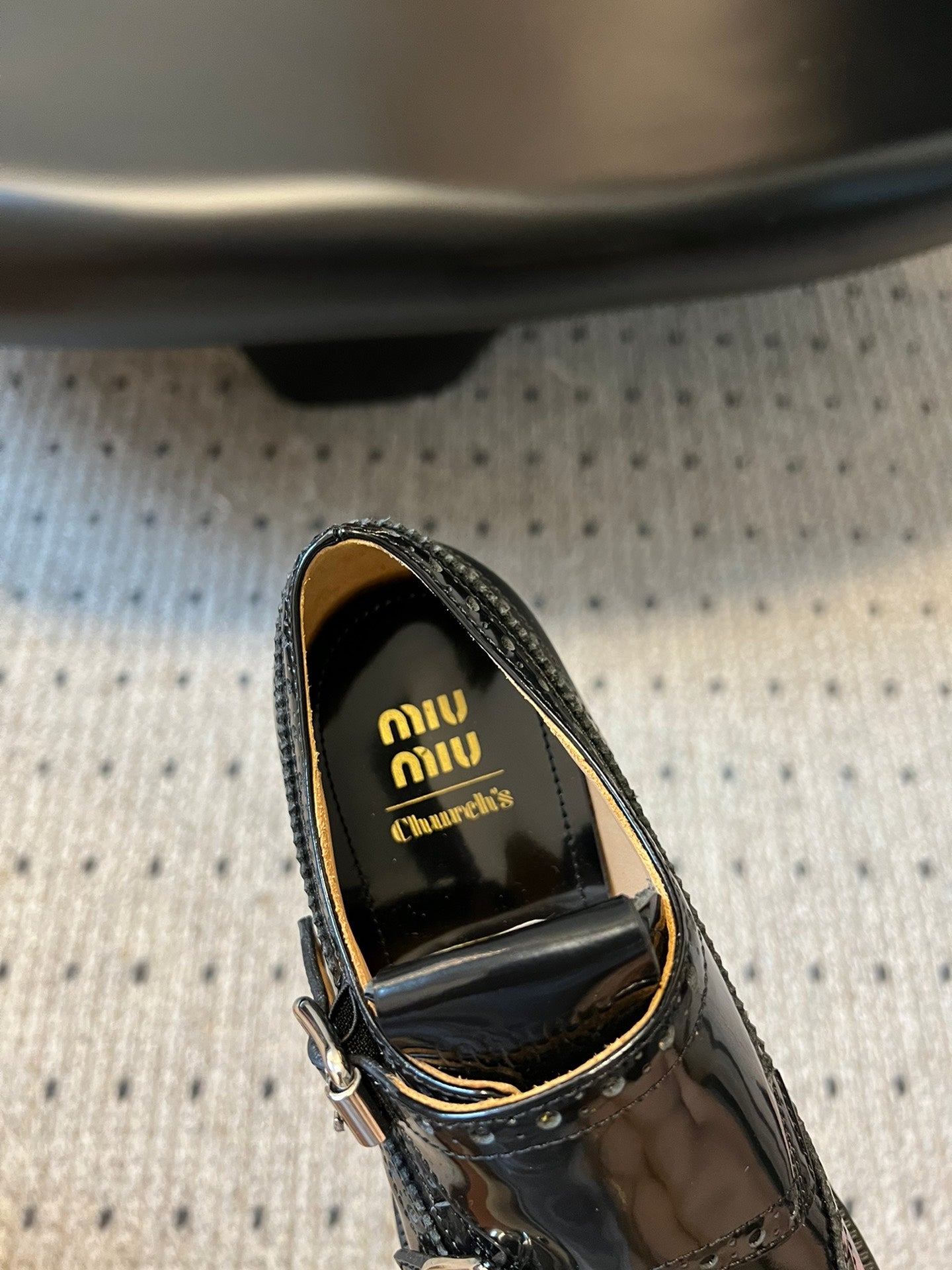 MIUMIU 26S CHURCH BROGUE MONK STRAP SHOES IN BLACK PATENT CALFSKIN