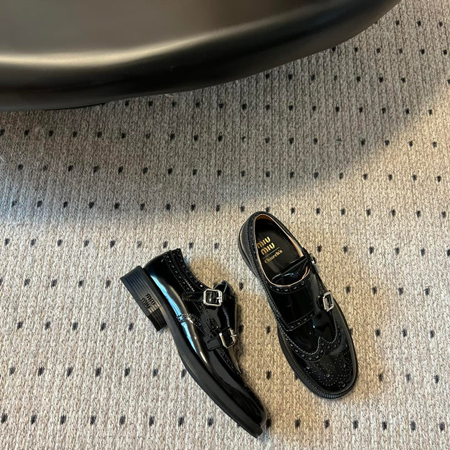MIUMIU 26S CHURCH BROGUE MONK STRAP SHOES IN BLACK PATENT CALFSKIN