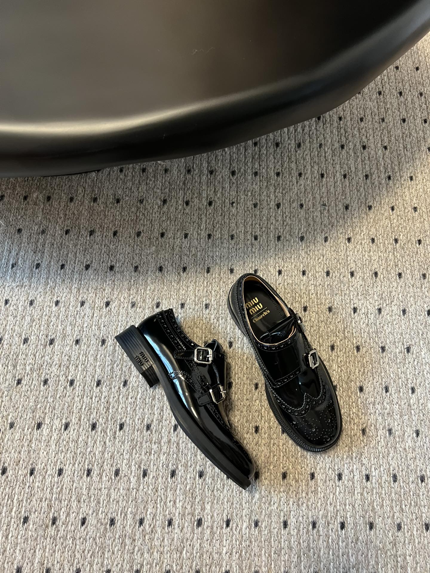 MIUMIU 26S CHURCH BROGUE MONK STRAP SHOES IN BLACK PATENT CALFSKIN