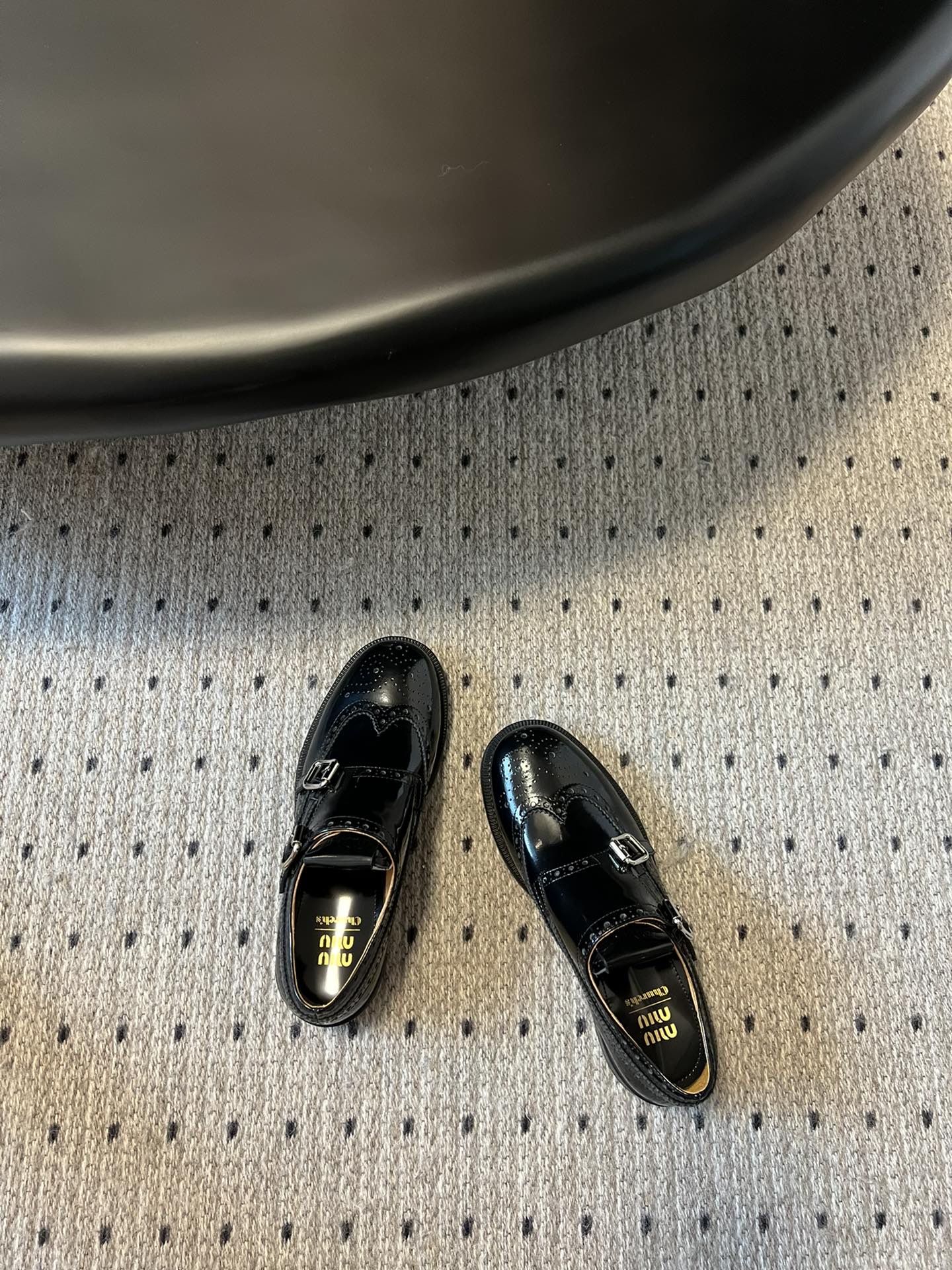 MIUMIU 26S CHURCH BROGUE MONK STRAP SHOES IN BLACK PATENT CALFSKIN