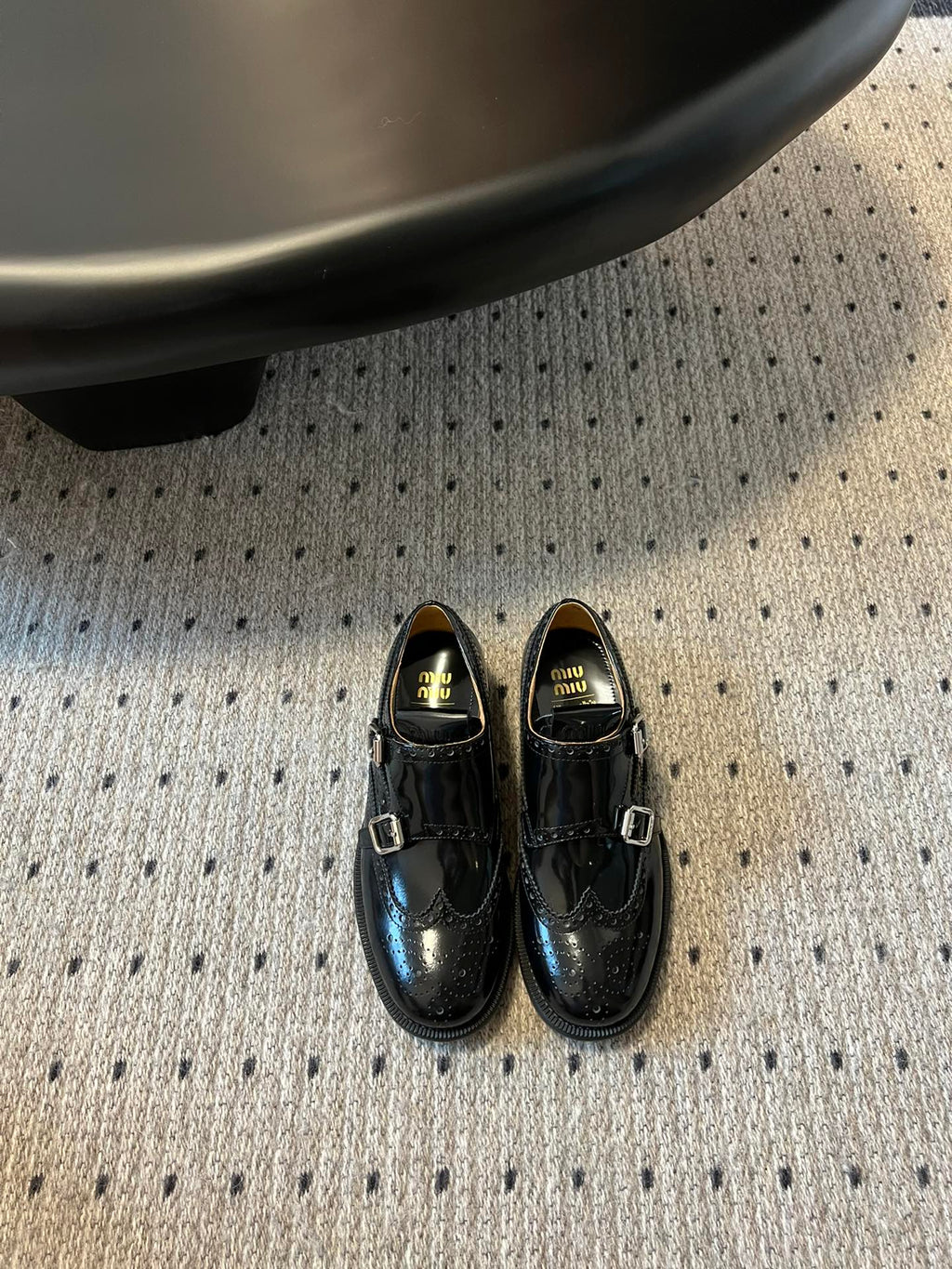MIUMIU 26S CHURCH BROGUE MONK STRAP SHOES IN BLACK PATENT CALFSKIN