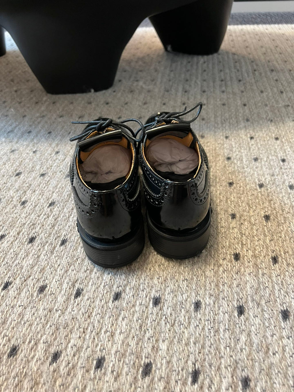 MIUMIU 26S LACE-UP BROGUE LOAFERS IN BLACK PATENT CALFSKIN