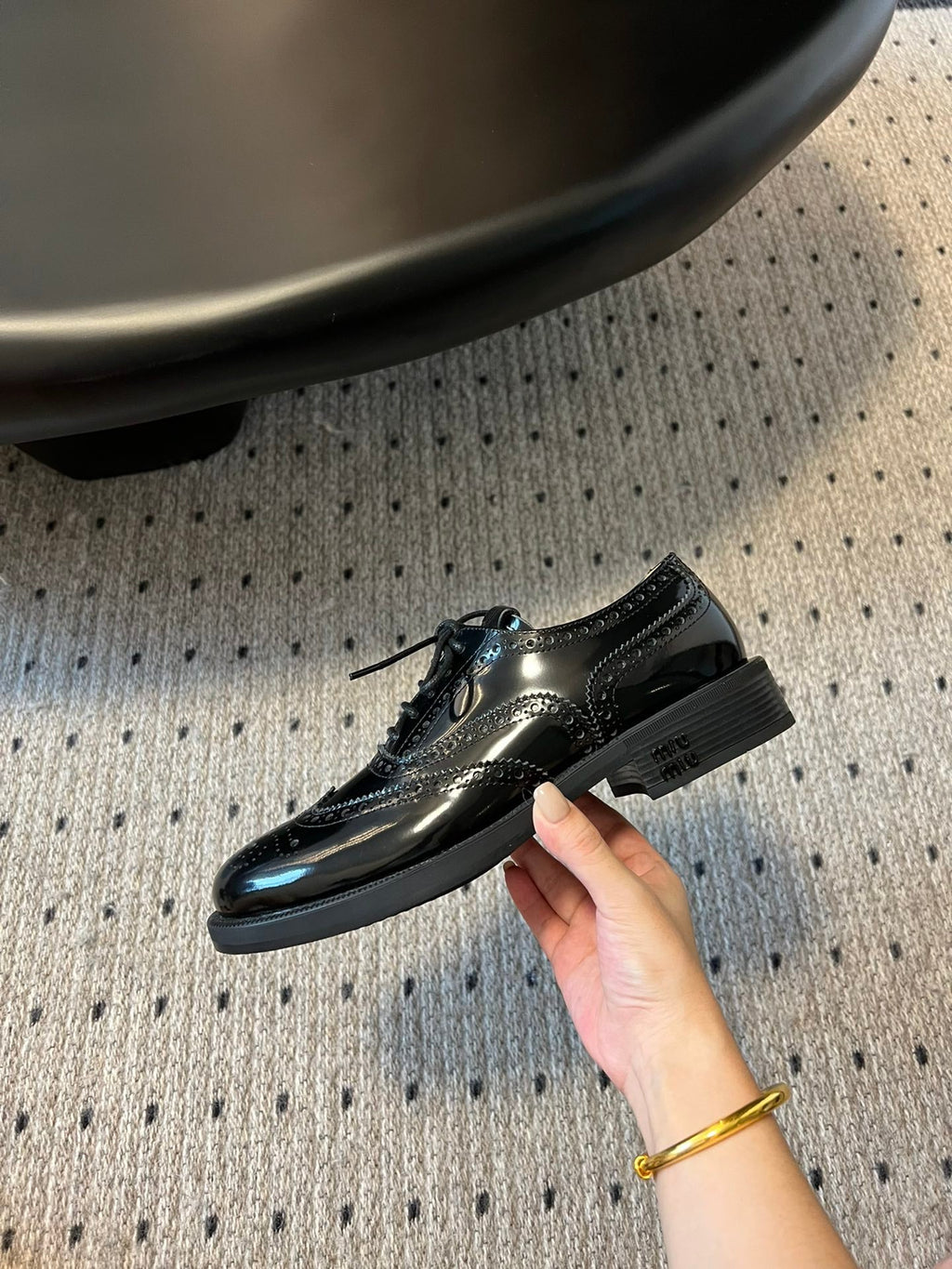 MIUMIU 26S LACE-UP BROGUE LOAFERS IN BLACK PATENT CALFSKIN