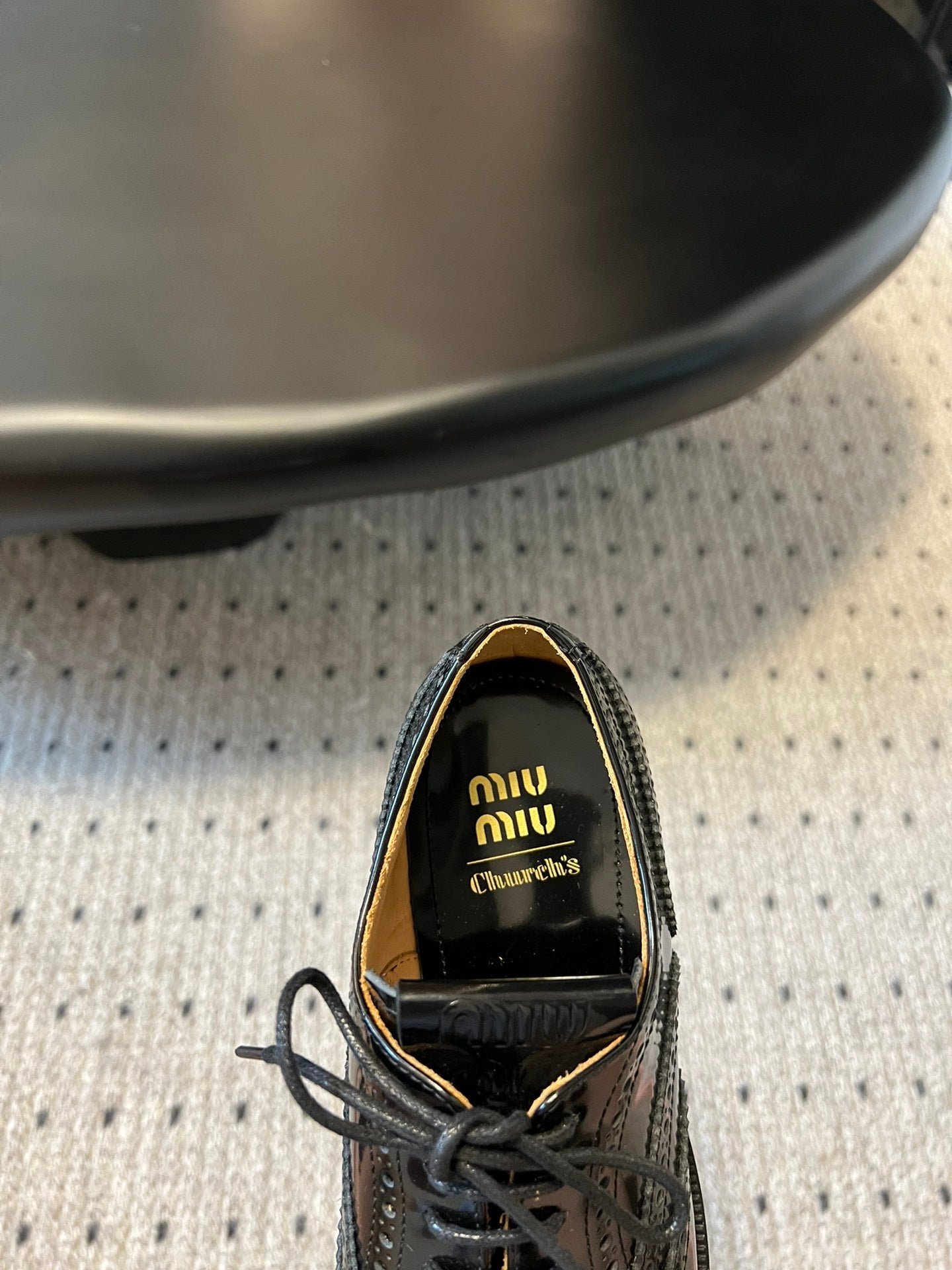 MIUMIU 26S LACE-UP BROGUE LOAFERS IN BLACK PATENT CALFSKIN