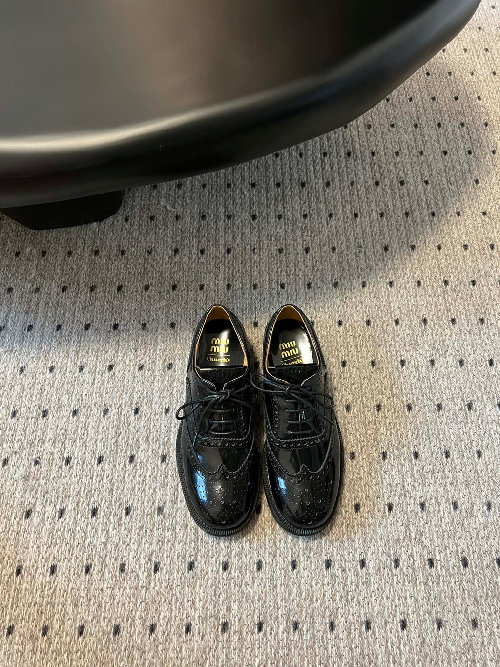 MIUMIU 26S LACE-UP BROGUE LOAFERS IN BLACK PATENT CALFSKIN