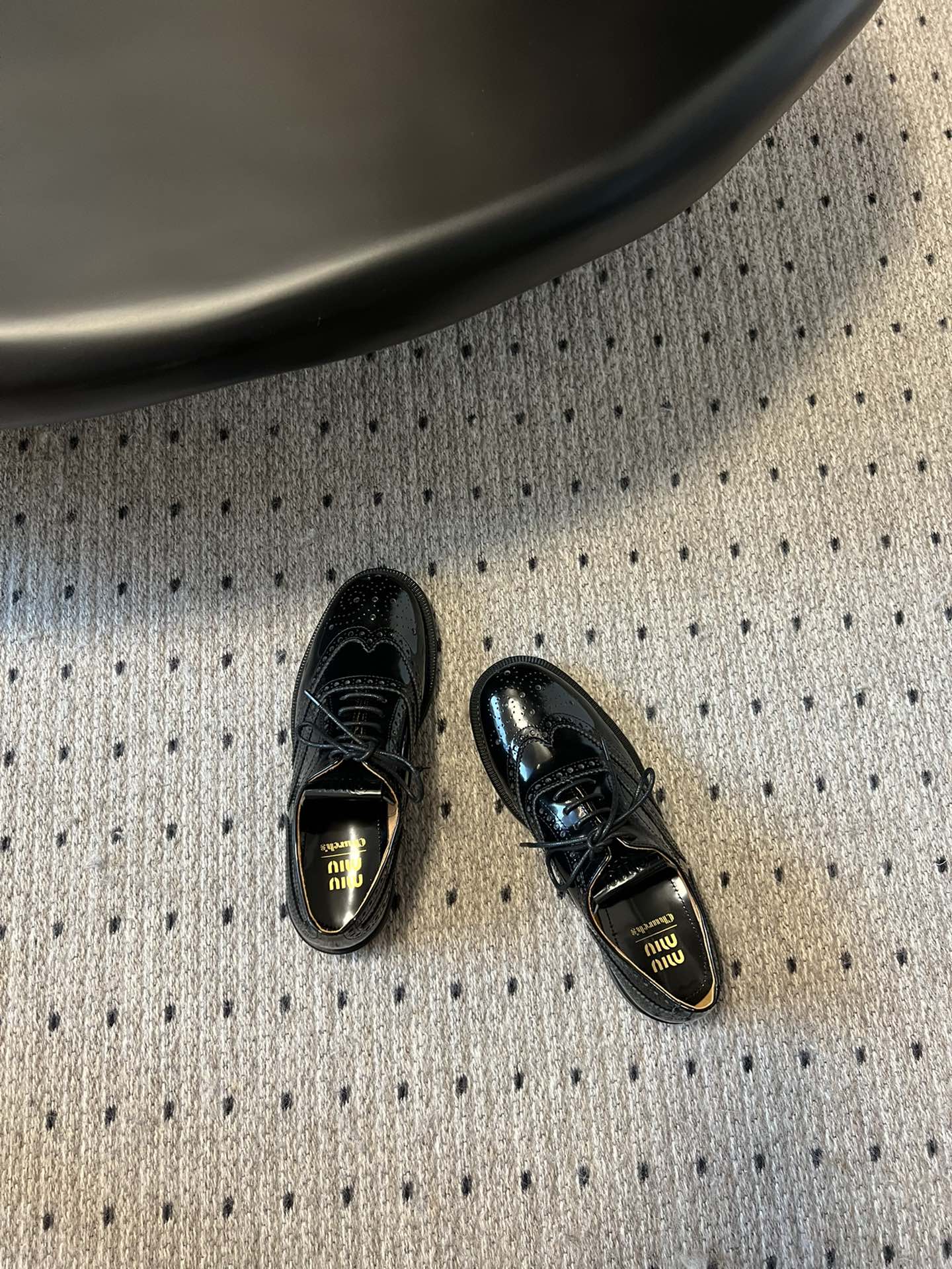 MIUMIU 26S LACE-UP BROGUE LOAFERS IN BLACK PATENT CALFSKIN