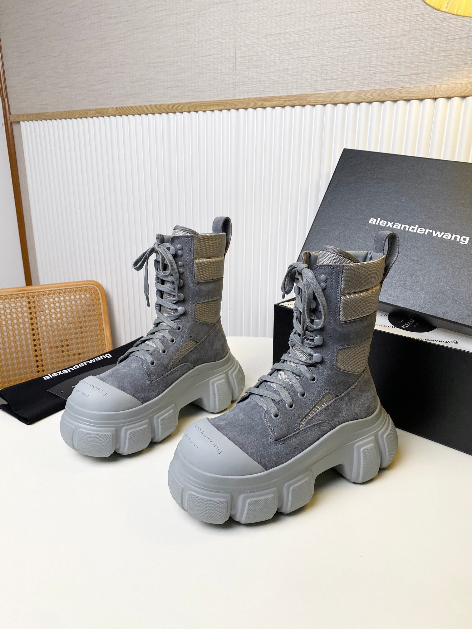 STORM COMBAT BOOTS 80MM IN GREY SUEDE AND RUBBER
