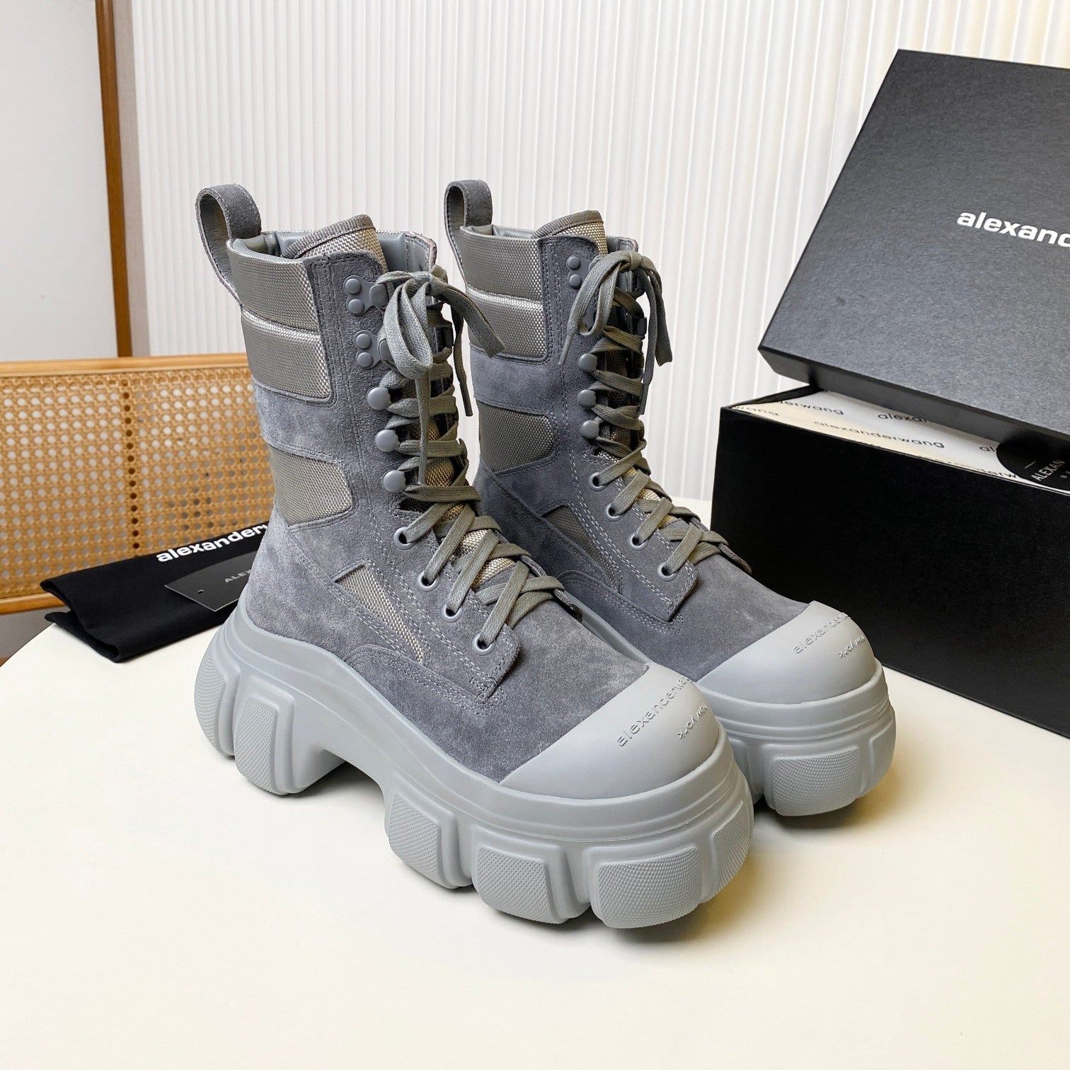 STORM COMBAT BOOTS 80MM IN GREY SUEDE AND RUBBER