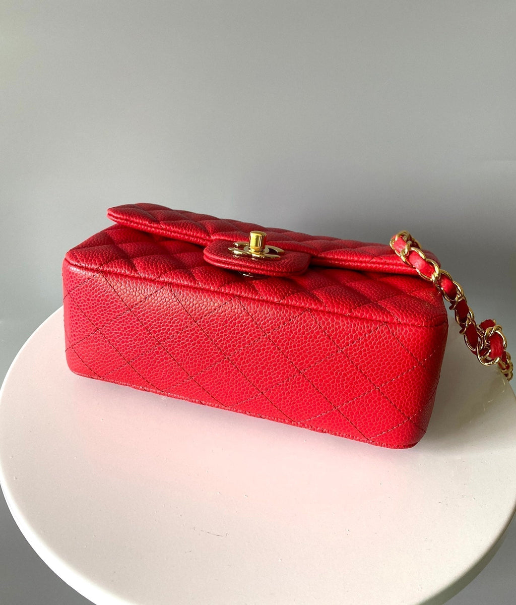 MINI RECTANGLE FLAP BAG 20CM RED CAVIAR GOLD HARDWARE